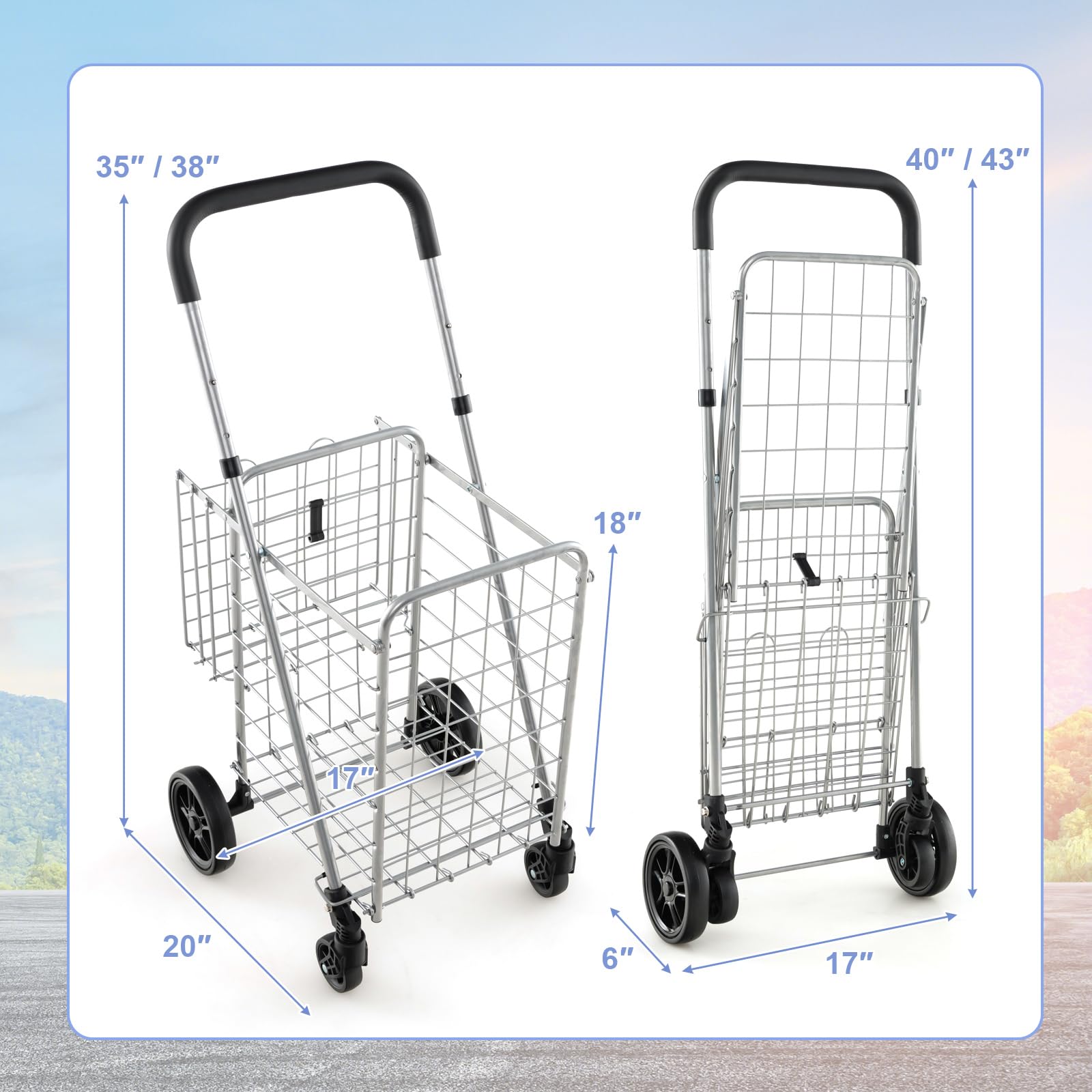 Goplus Folding Shopping Utility Cart with Double Basket - 360° Swivel Wheels & Adjustable Handle - Compact Grocery Laundry Book Luggage Cart for Home, Office, Travel and Outdoor Use