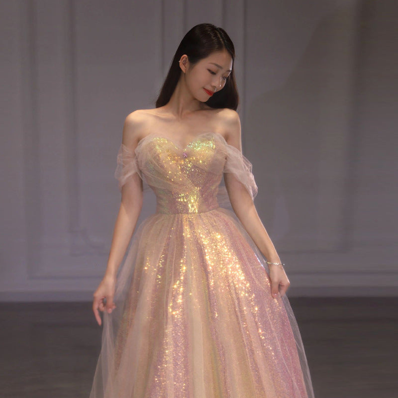 Sparkly Off Shoulder Pink Long Prom Dress with Bling - Elegant Evening Gown for Homecoming, Quinceañera & Formal Events