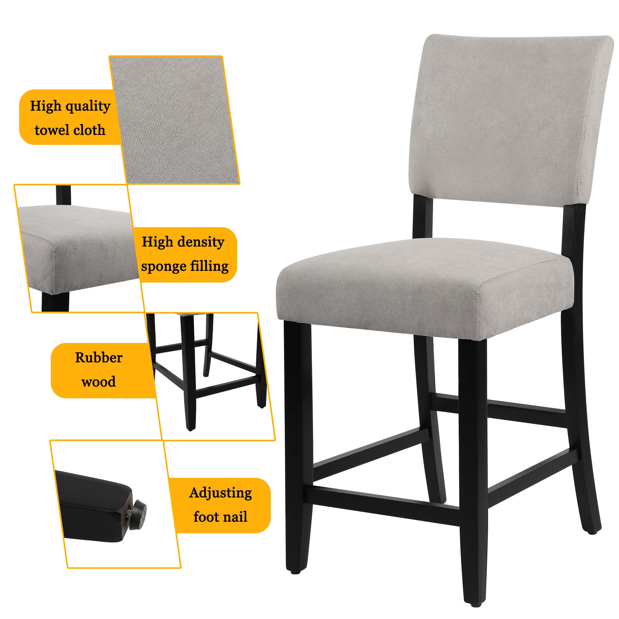DAGONHIL 24 Inch Counter Height Bar Stools Set of 2 - Upholstered Kitchen Island Stools with Wooden Legs & Soft Towel Fabric (Gray) - Perfect for Breakfast Bars, Kitchen Islands & Home Bars