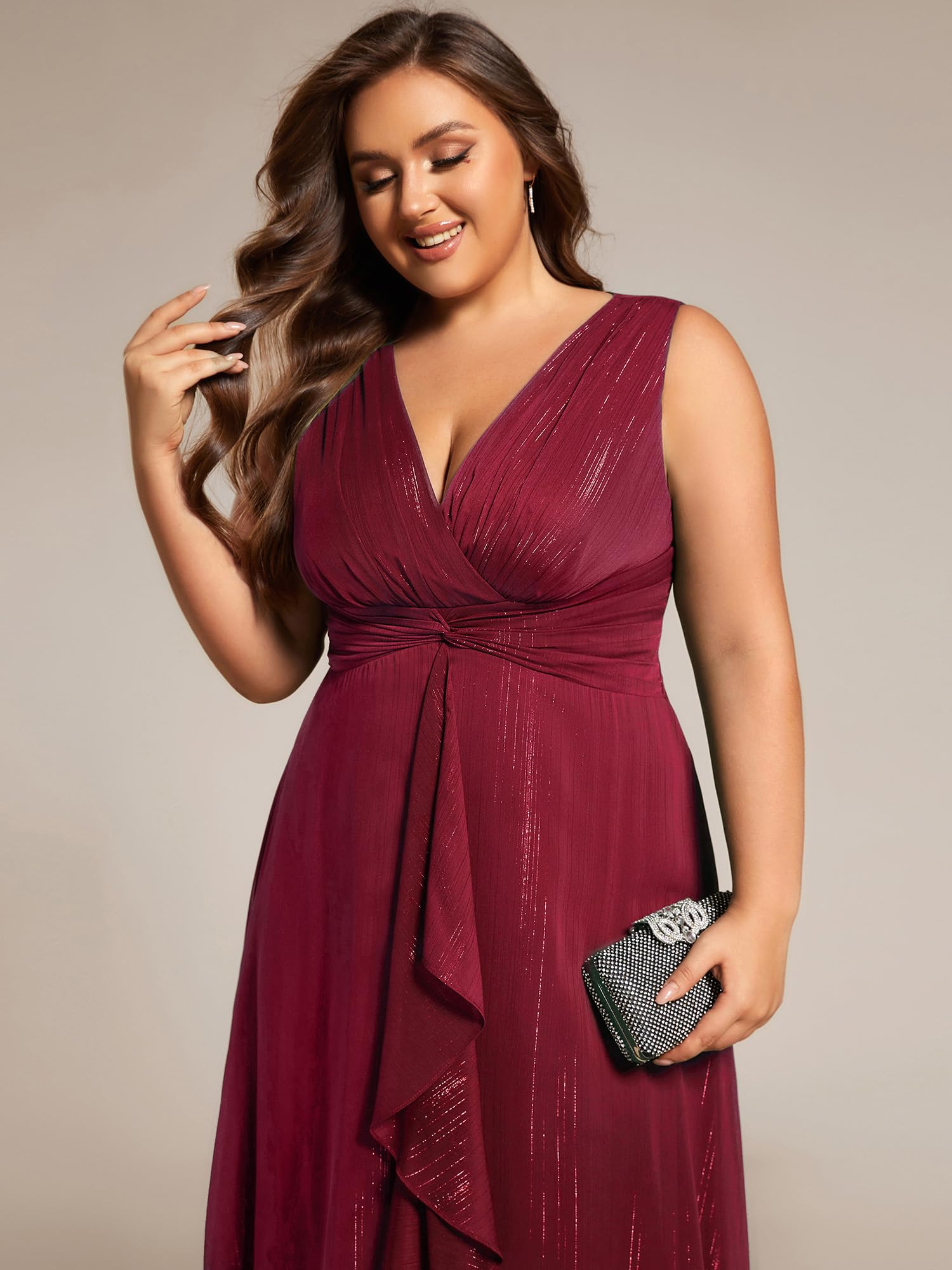 Ever-Pretty Women's Plus Size V-Neck Sleeveless A-Line Pleated Tea-Length Dress for Wedding Guest - 11977-DA | Elegant Formal Occasion & Special Event Wear