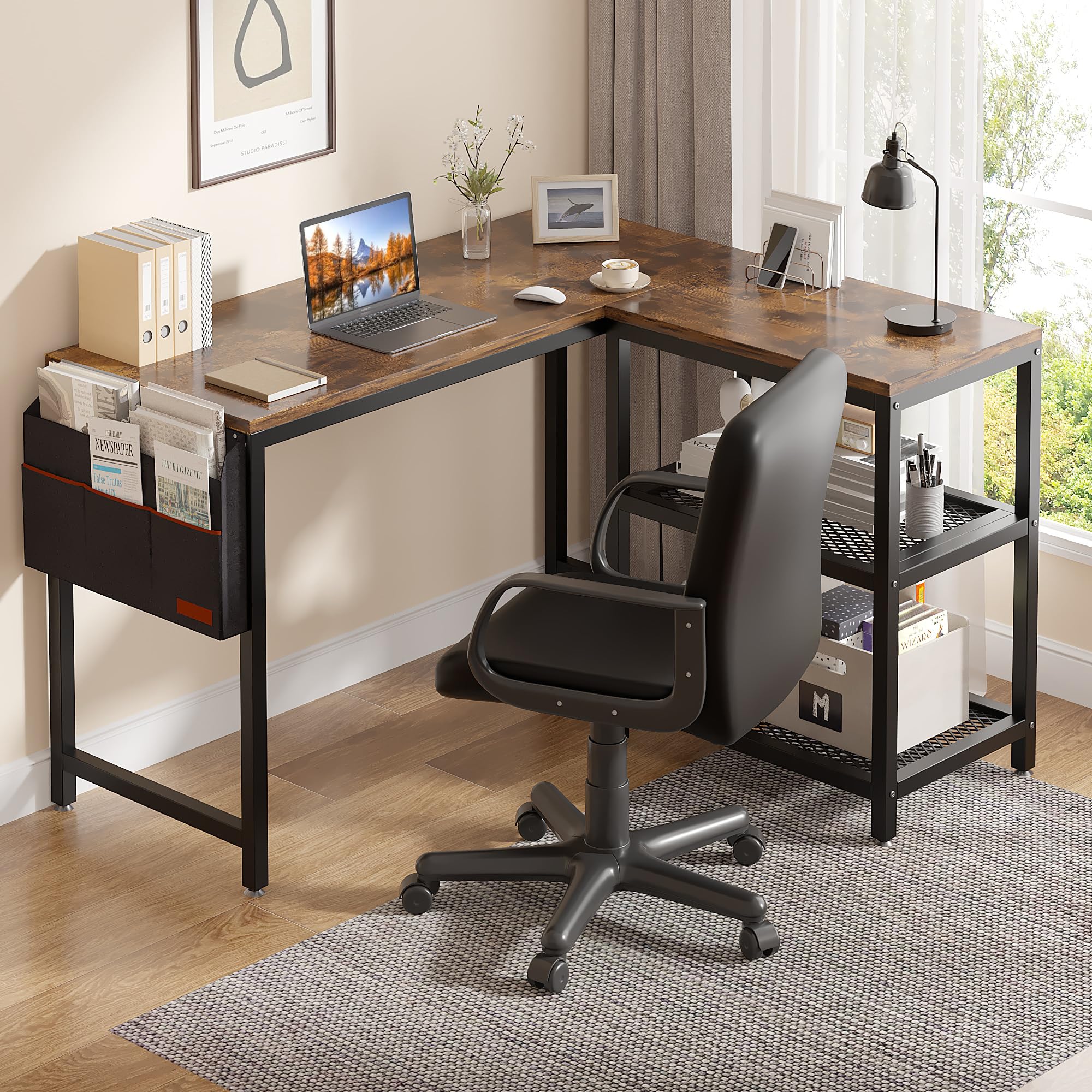VECELO 49 Inch L-Shaped Computer Desk for Gaming, Study & Home Office - Ergonomic Writing Workstation with Storage Shelves & Bag - Perfect for Small Spaces & Multi-Monitor Setups