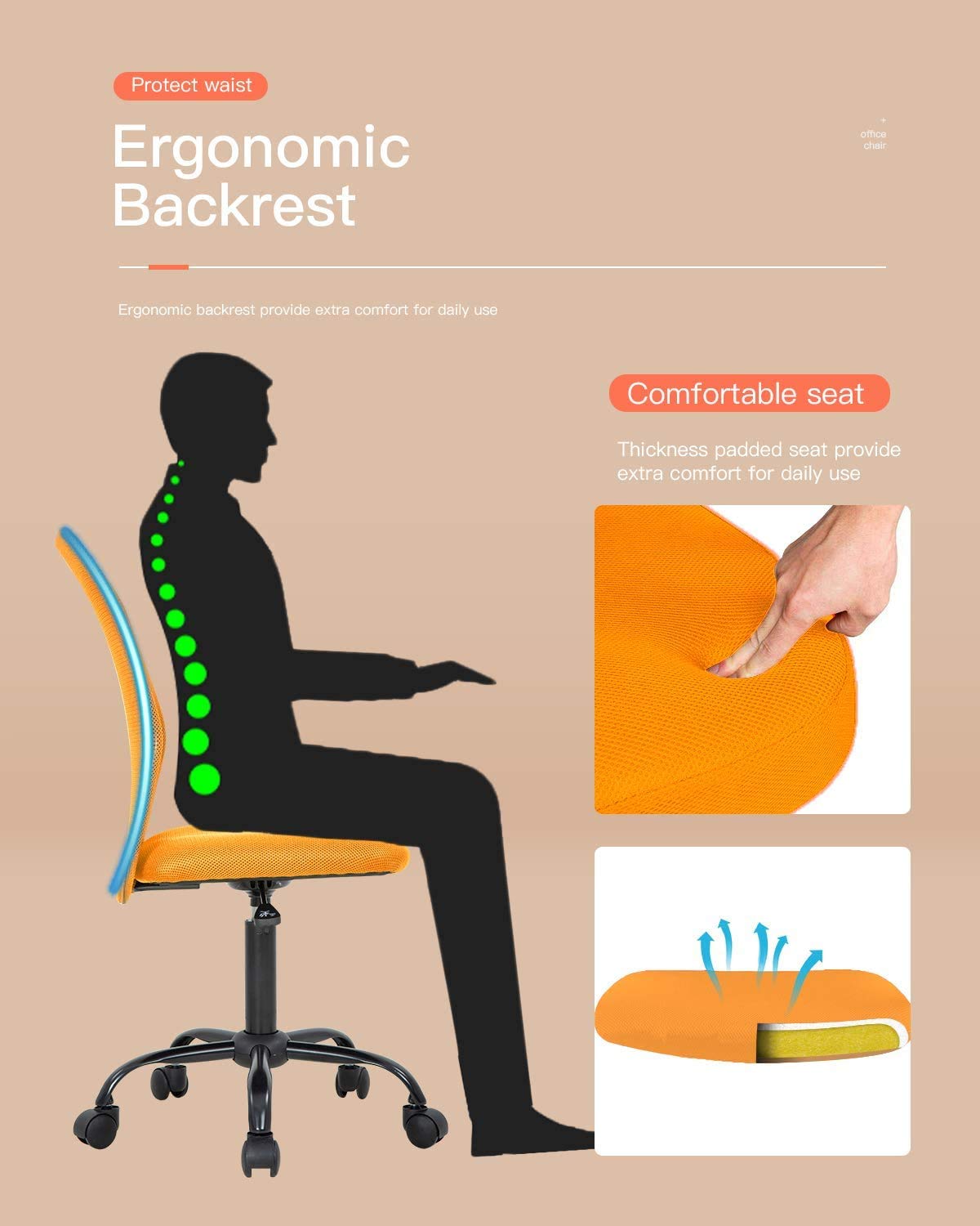 Ergonomic Office Chair with Lumbar Support - Adjustable Height Mesh Computer Desk Chair, Mid Back Swivel Task Chair Armless Modern Executive Chair for Women & Men (Orange) - Perfect for Home Office, Gaming & Workspaces