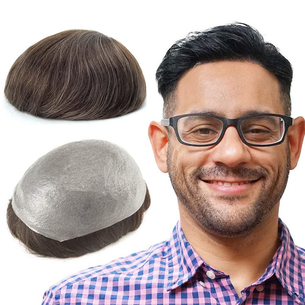 Premium 8x10 Inch Men's Hair System - 0.06mm Super Thin Skin Toupee with 100% Human Hair | V-Loop Ventilation | Natural Dark Light Brown with 20% Gray (#320) | Perfect for Daily Wear, Special Occasions & Hair Loss Solutions