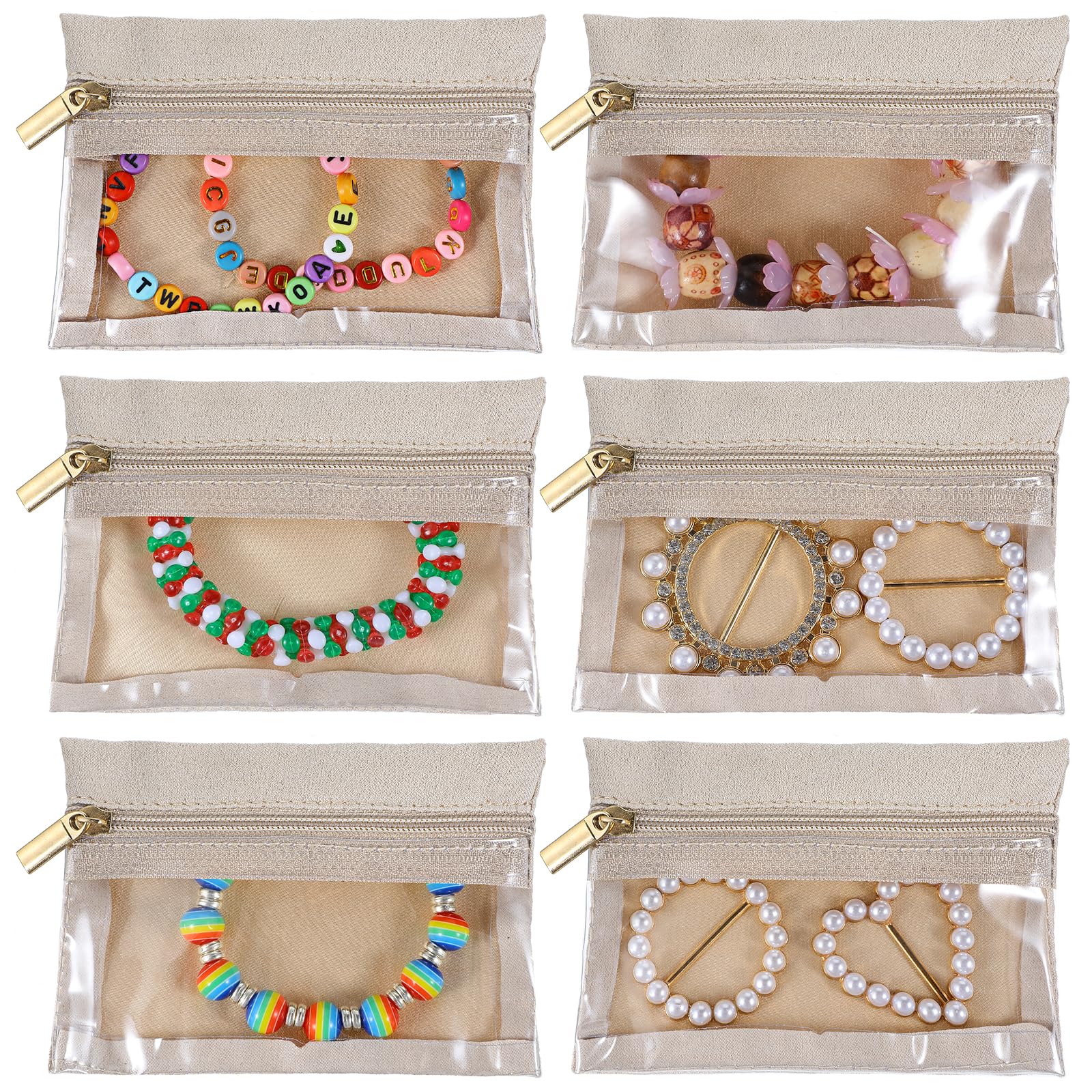 6-Piece Velvet Jewelry Organizer with Zipper Pockets - Portable Travel Jewelry Case for Rings, Earrings & Necklaces - Women's Jewelry Storage Bag (Beige) | Perfect for Travel, Gifts & Daily Accessory Organization