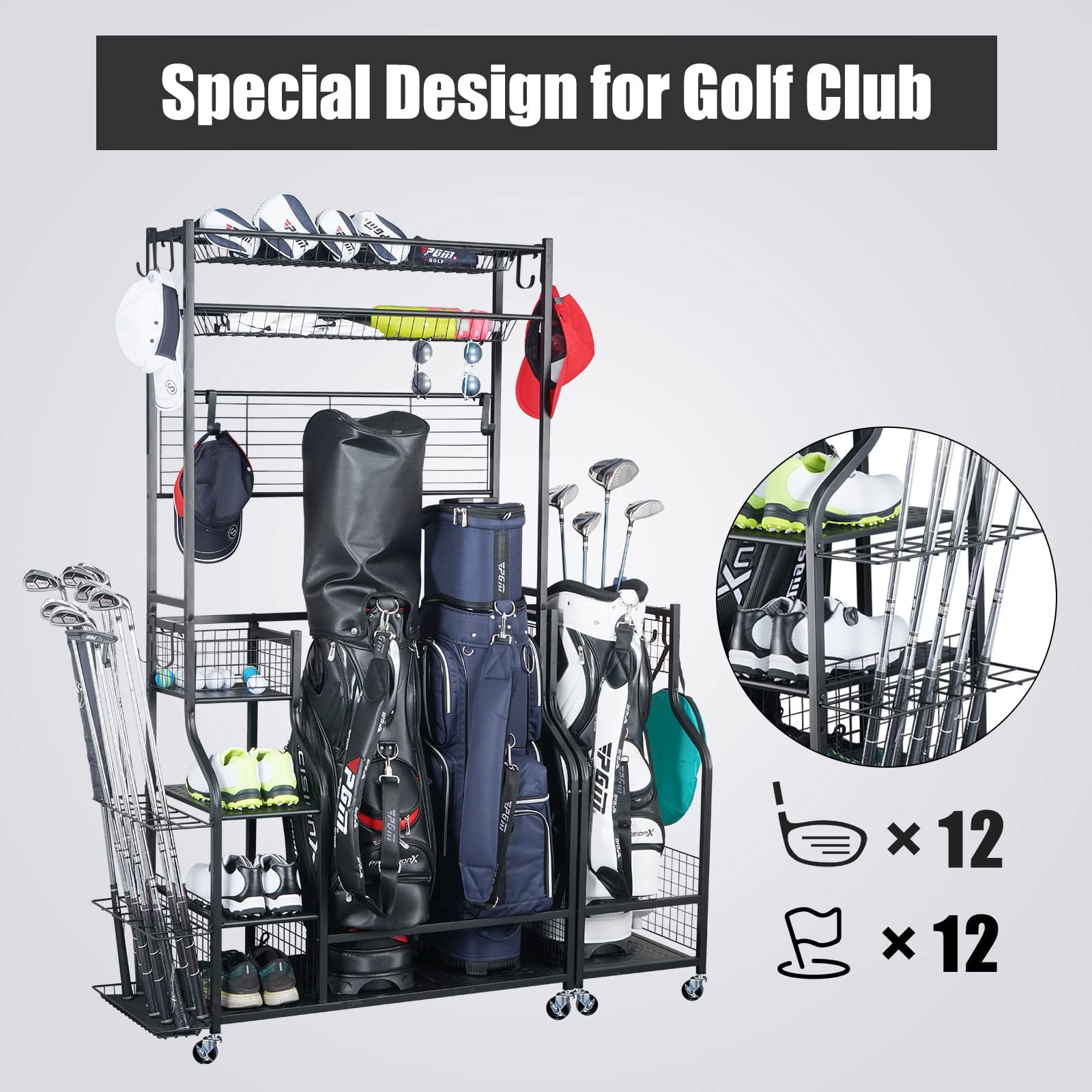 Mythinglogic Golf Bag Storage Stand - 2 Golf Bags Holder with 4 Removable Hooks & Accessories Organizer - Perfect for Garage, Basement, or Clubhouse Storage - Keep Golf Clubs & Equipment Neatly Displayed