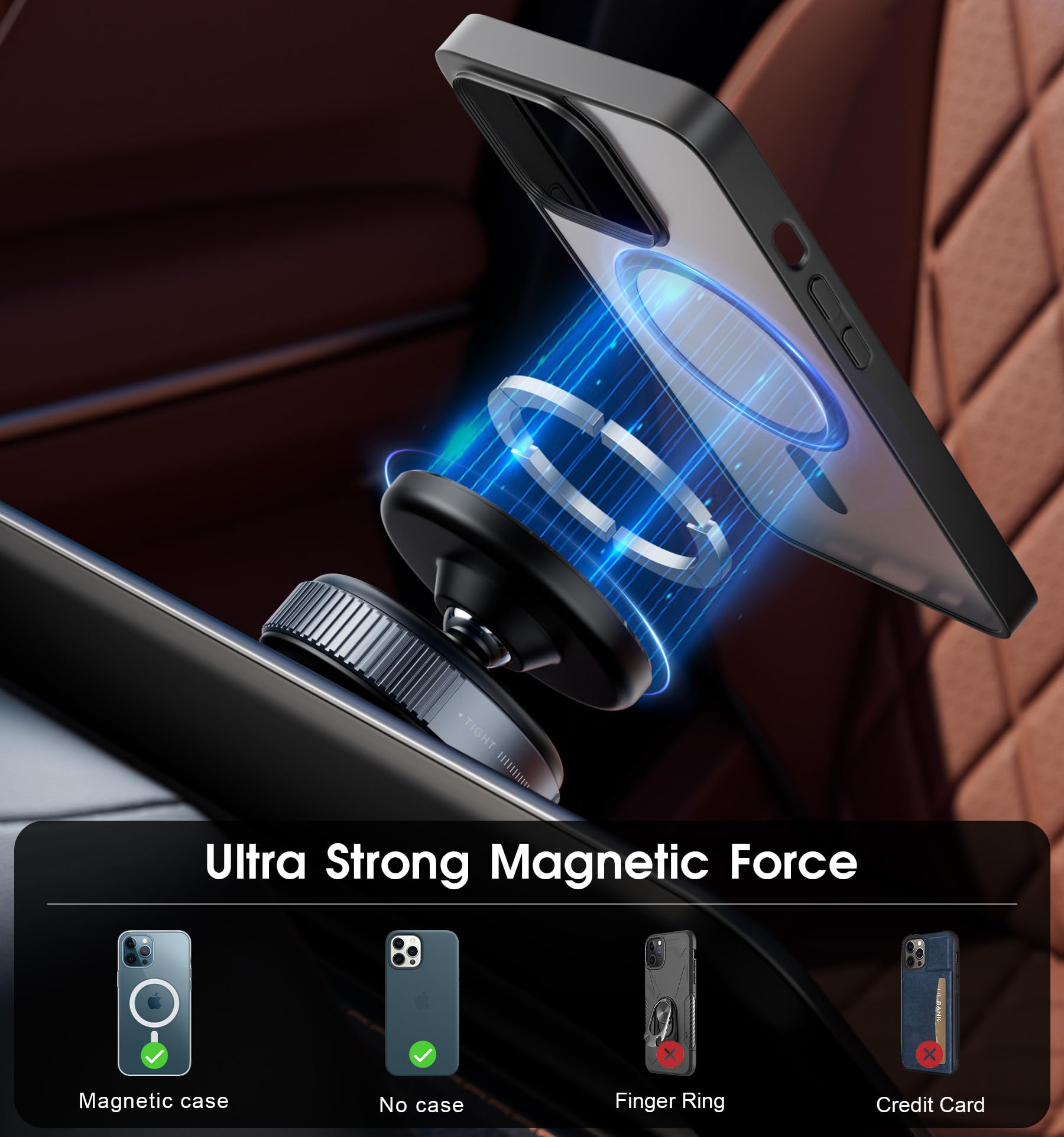 Ultra Strong Magnetic Car Phone Holder - Vacuum Suction Cup Phone Mount for iPhone 15 14 13 12 & Android - Secure Hands-Free Car Accessories (Black) - Perfect for Commuting, Road Trips & GPS Navigation