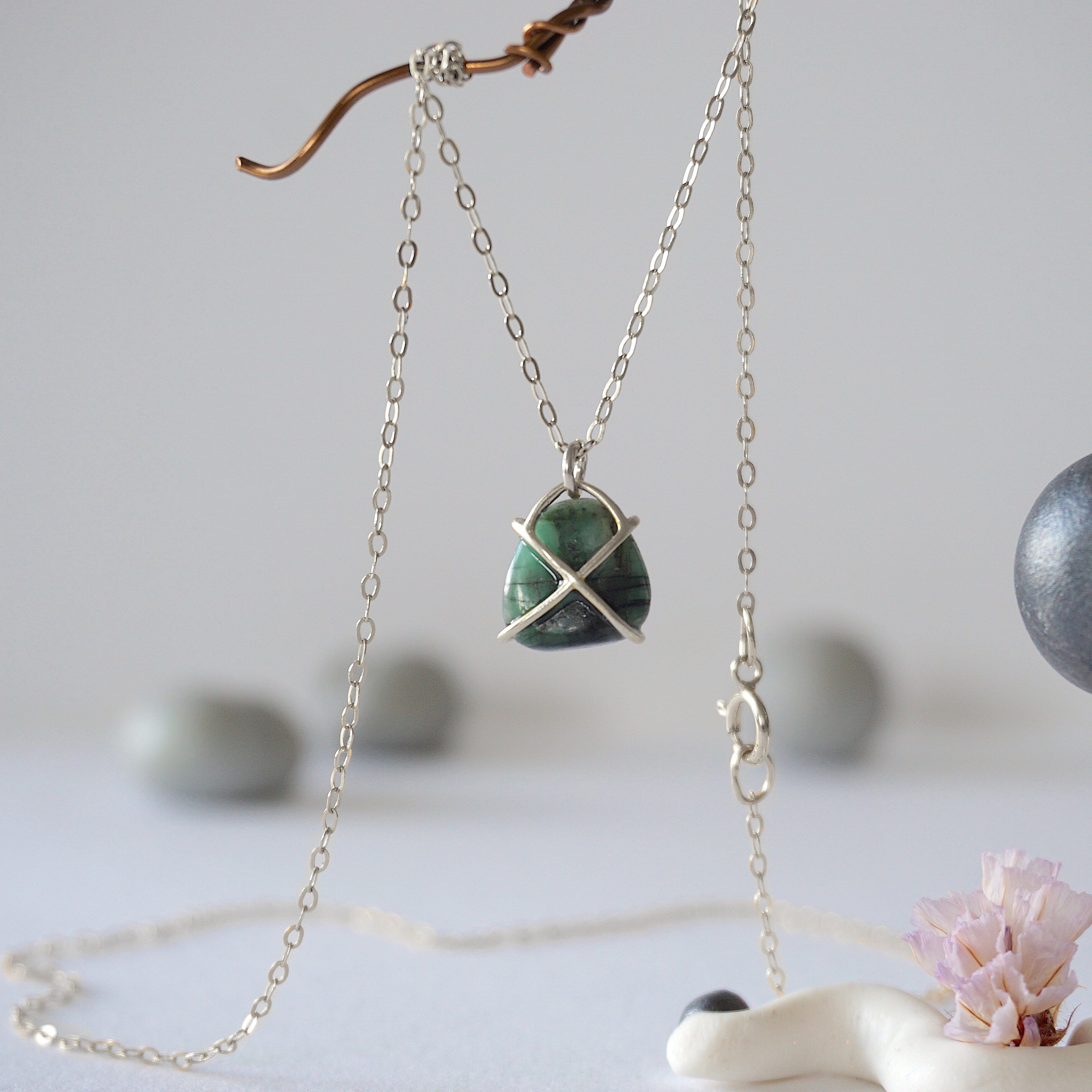Emerald Sterling Silver Huggie Charm Necklace - Elegant Dainty Jewelry for Women, Perfect for Everyday Wear, Gifts & Special Occasions