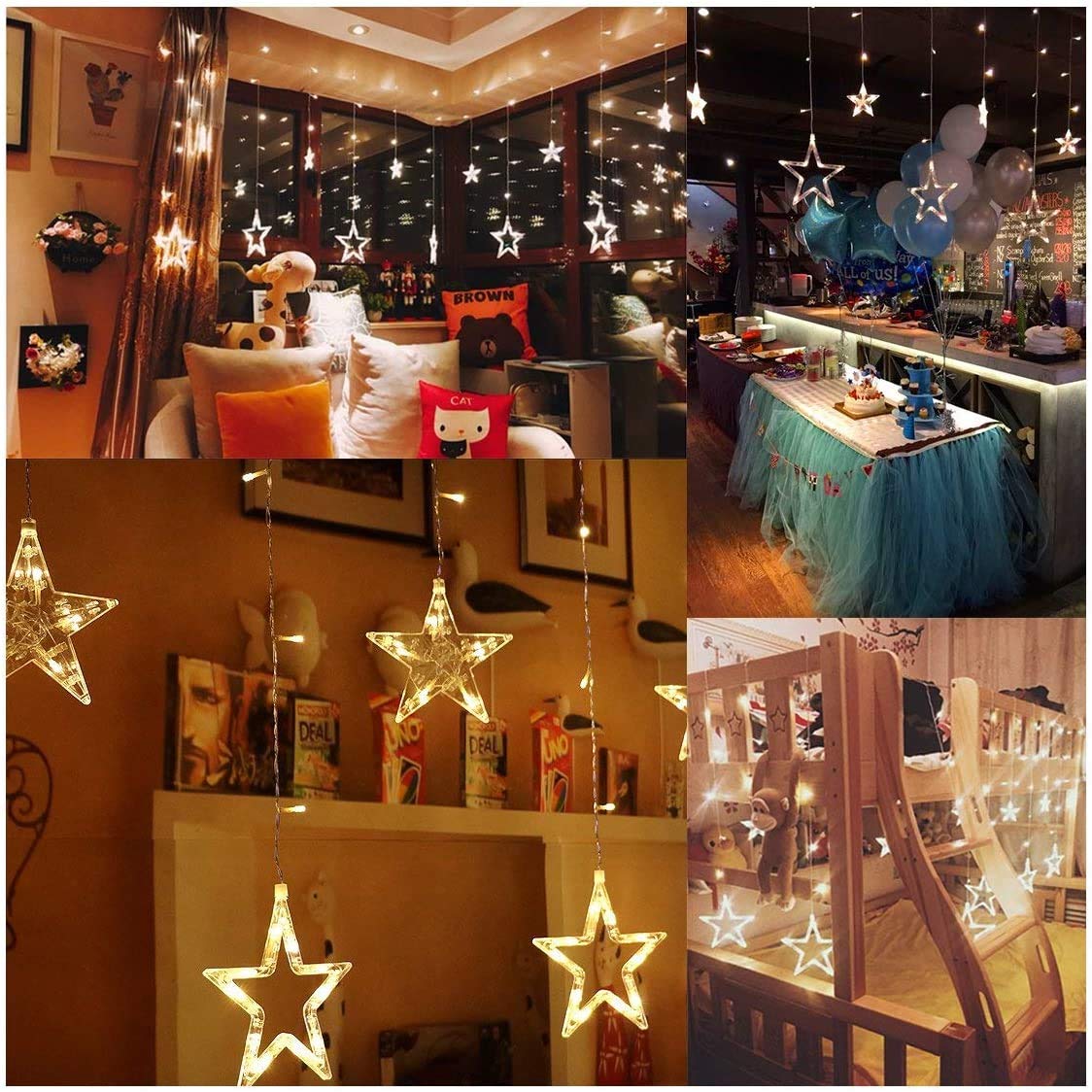 WISHWILL 12-Star 138 LED Twinkle Curtain Lights with 8 Lighting Modes - Waterproof UL Certified Fairy String Lights for Bedroom, Party & Christmas Decor (Warm White) | Perfect for Indoor/Outdoor Weddings, Holidays and Cozy Home Ambiance