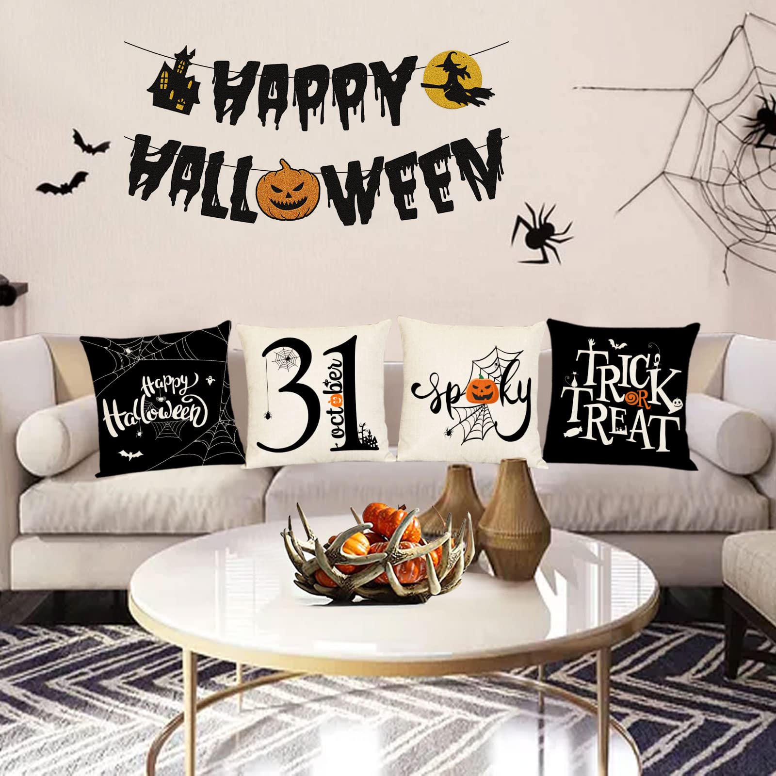Halloween Pillow Covers 12x12 Set of 4 - Spooky Trick or Treat Throw Pillow Covers with Black Spider Web Design for Sofa, Couch, Bed - Perfect for Indoor & Outdoor Halloween Decorations (12 by 12 Inches)