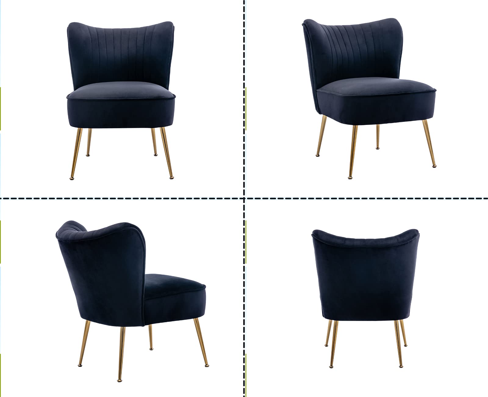 Velvet Accent Chairs Set of 2 - Mid-Century Modern Upholstered Side Chairs with Golden Legs, Armless Wingback Slipper Chairs for Living Room, Guest Room & Bedroom - Comfy Corner Seating for Home Decor, Black