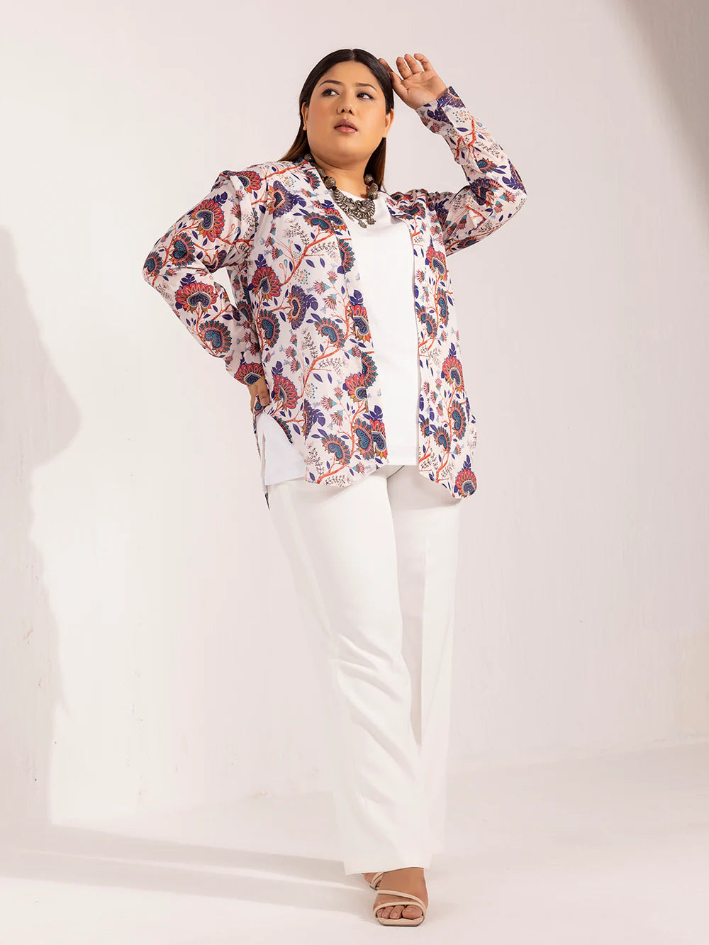 Front Open Printed Jacket with Comfort Fit & Wide Bottom Stretch Trousers Set - Casual Outfit for Women's Daily Wear, Office, and Weekend Outings