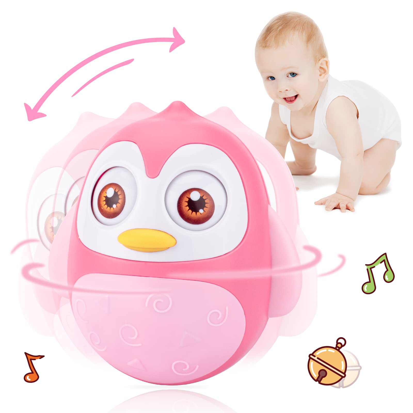 UNIH Roly Poly Penguin Baby Toy - Tummy Time Wobbler for 6-12 Month Olds | Developmental Learning Toy for Infants | Gift for Baby Boys & Girls (Pink) | Perfect for Nursery Playtime & Early Motor Skills Development
