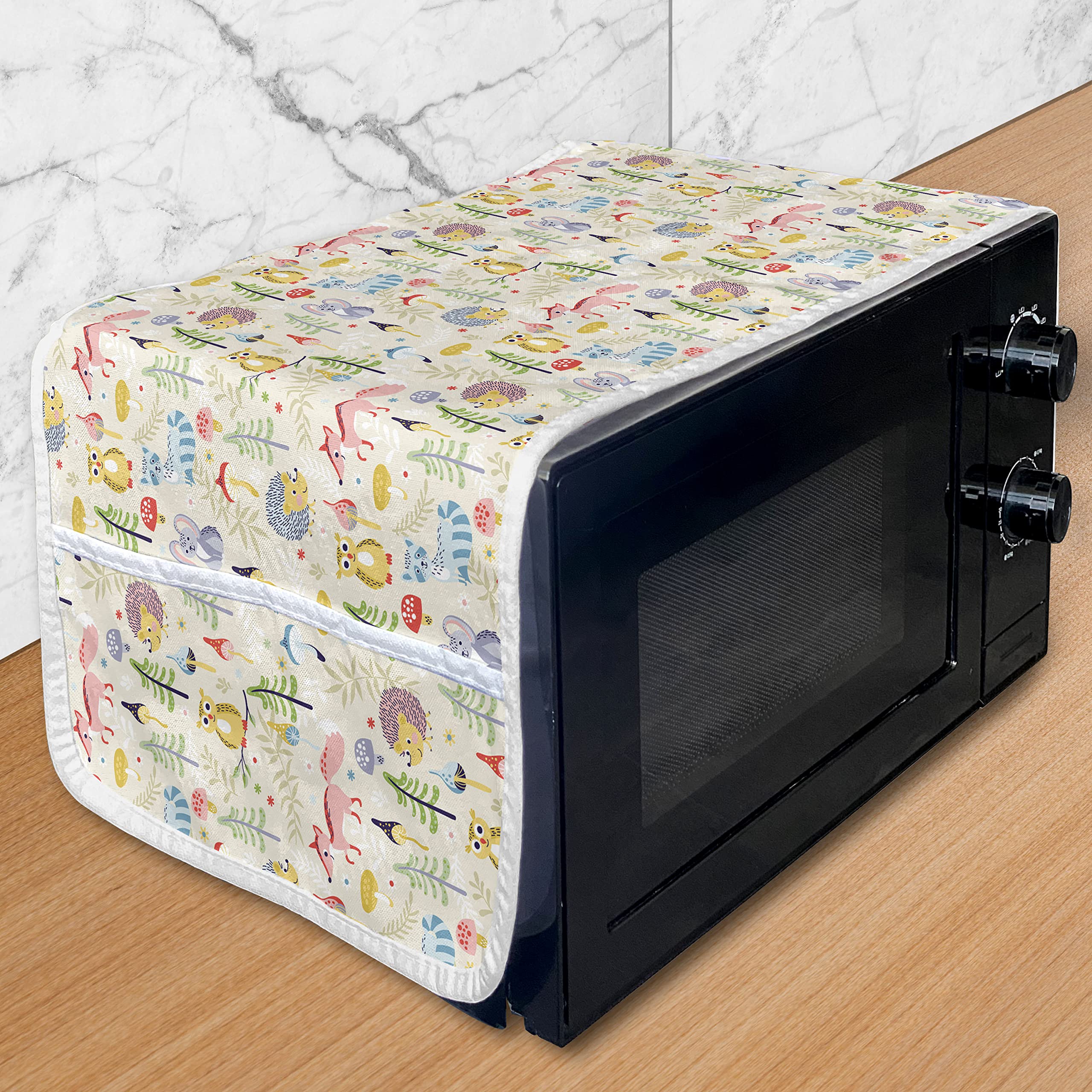 Ambesonne Colorful Microwave Cover - Cartoon Forest Animals Hedgehog Fox Owl Autumn Trees Mushroom Design - Waterproof Kitchen Organizer with Pockets - 36