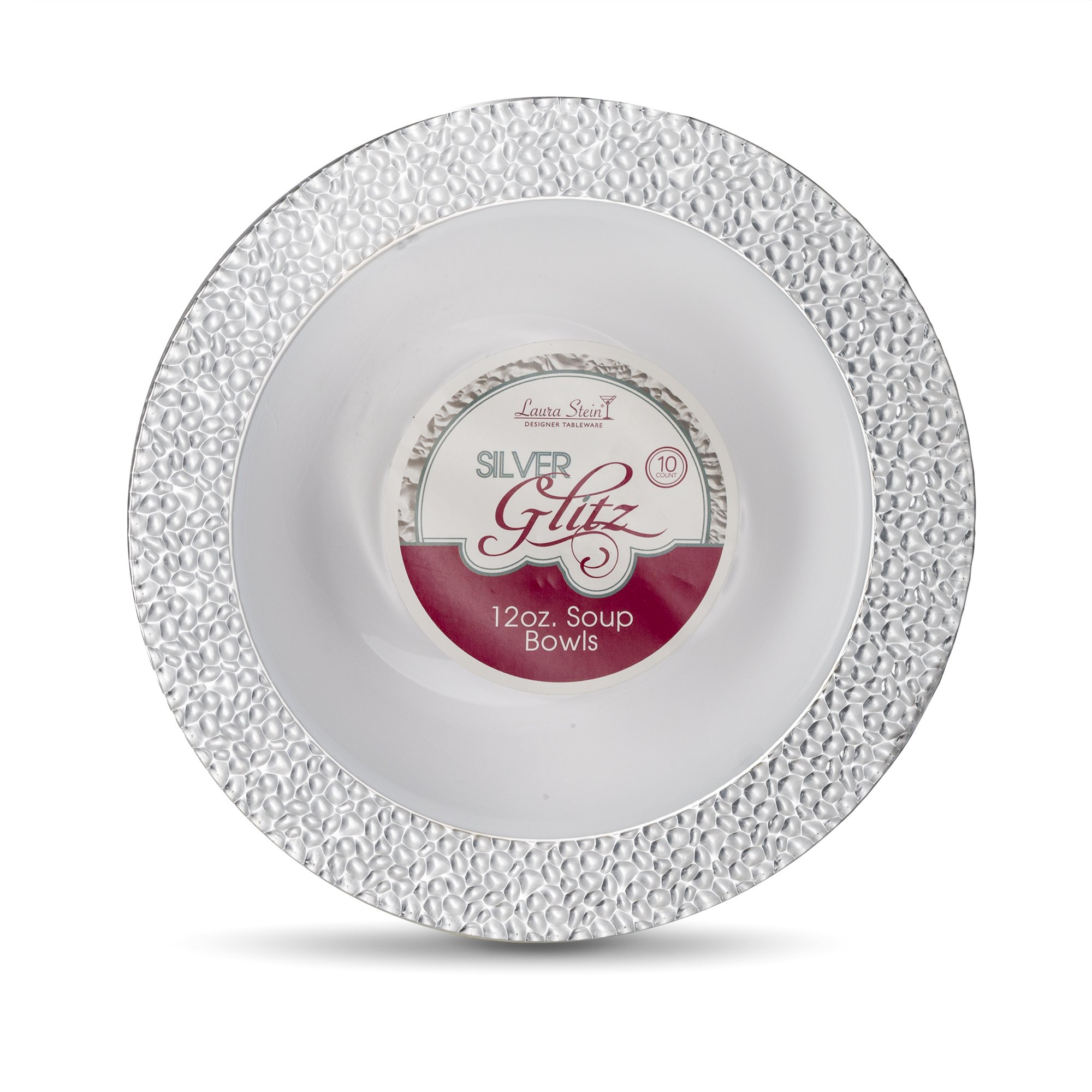 Laura Stein 12oz Plastic Soup Bowls - 8 Pack, Silver Border for Parties & Weddings