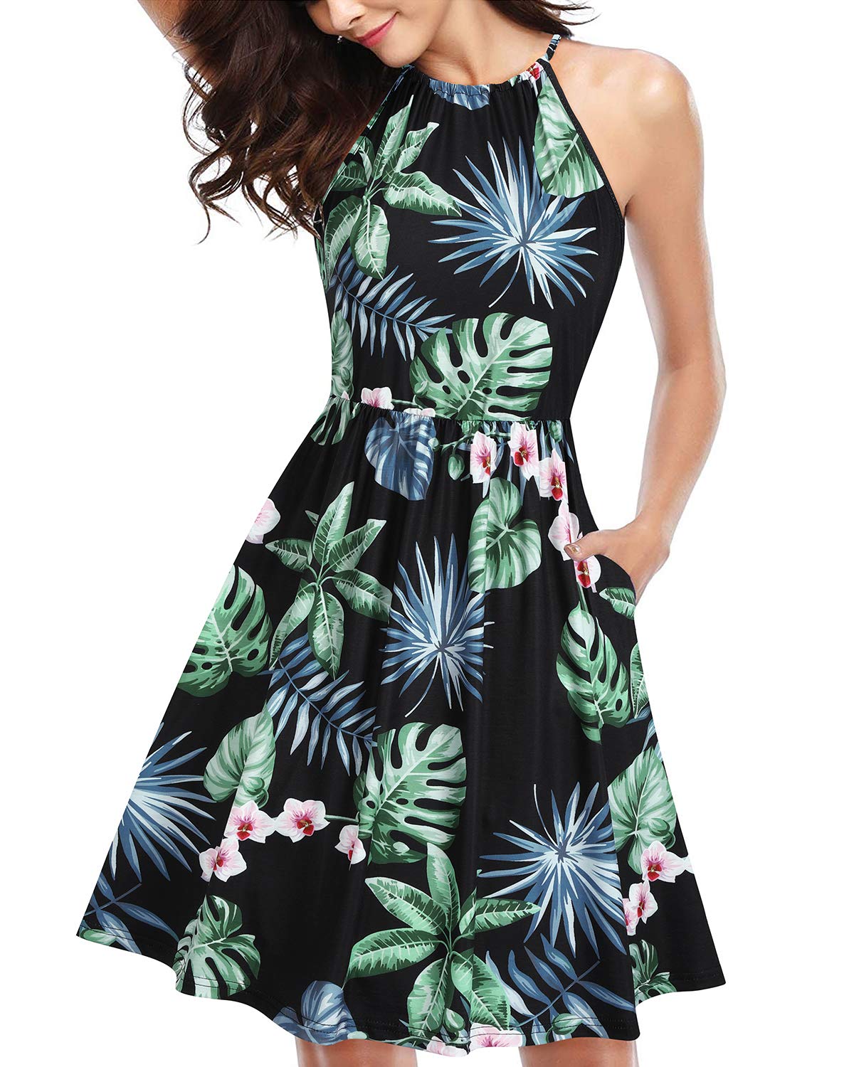 KILIG Women's Halter Neck Sundress - Sleeveless Summer Beach Dress with Pockets | Casual Flowy Dress for Vacation, Pool Party & Outdoor Activities