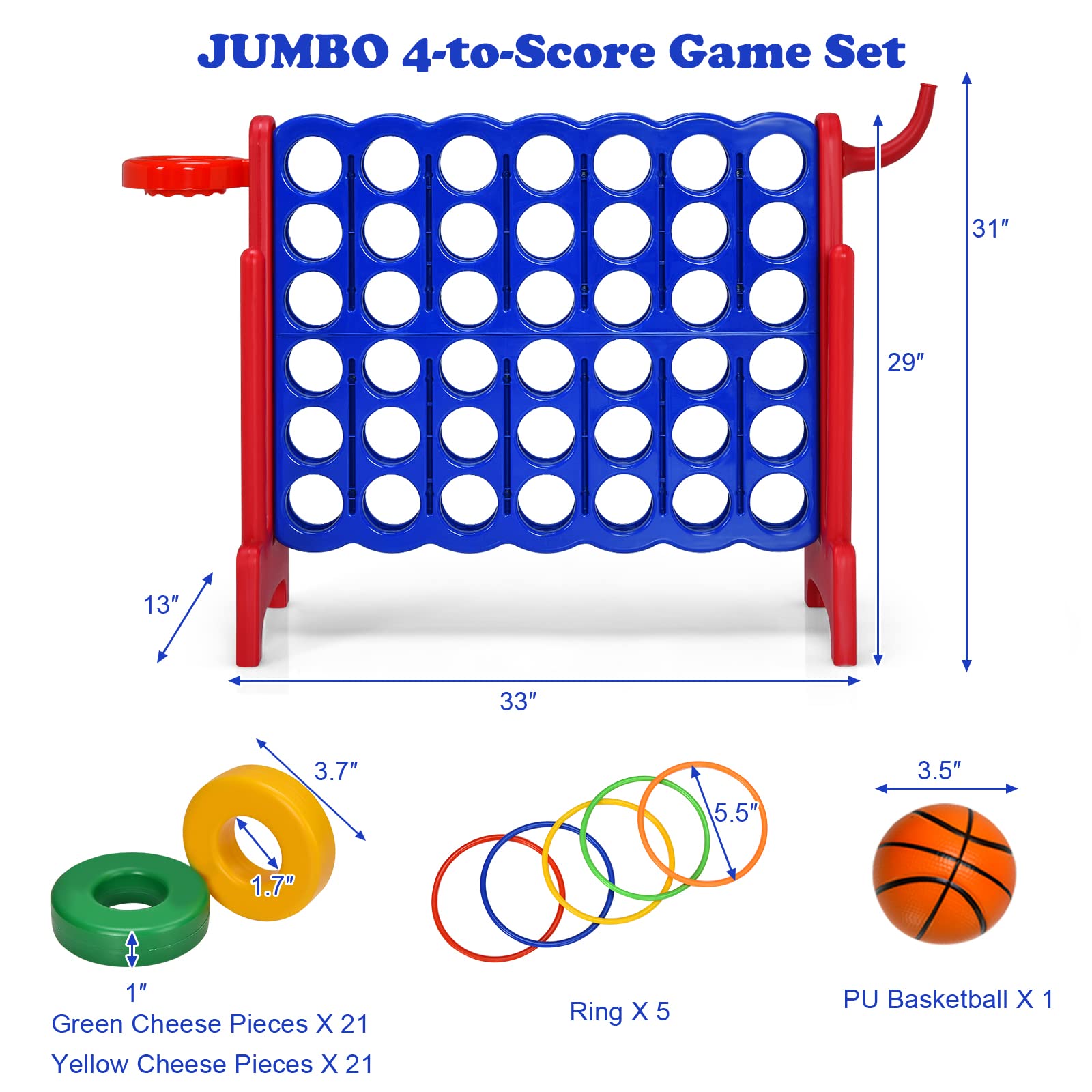 Costzon Giant 4-in-A-Row Game Set with Carrying Bag - Jumbo 4-to-Score Connect Game for Kids & Adults - Includes Basketball Hoop, 42 Large Rings & Quick-Release Slider - Fun Indoor & Outdoor Backyard Party Games for Family Gatherings, BBQs, and Picnics