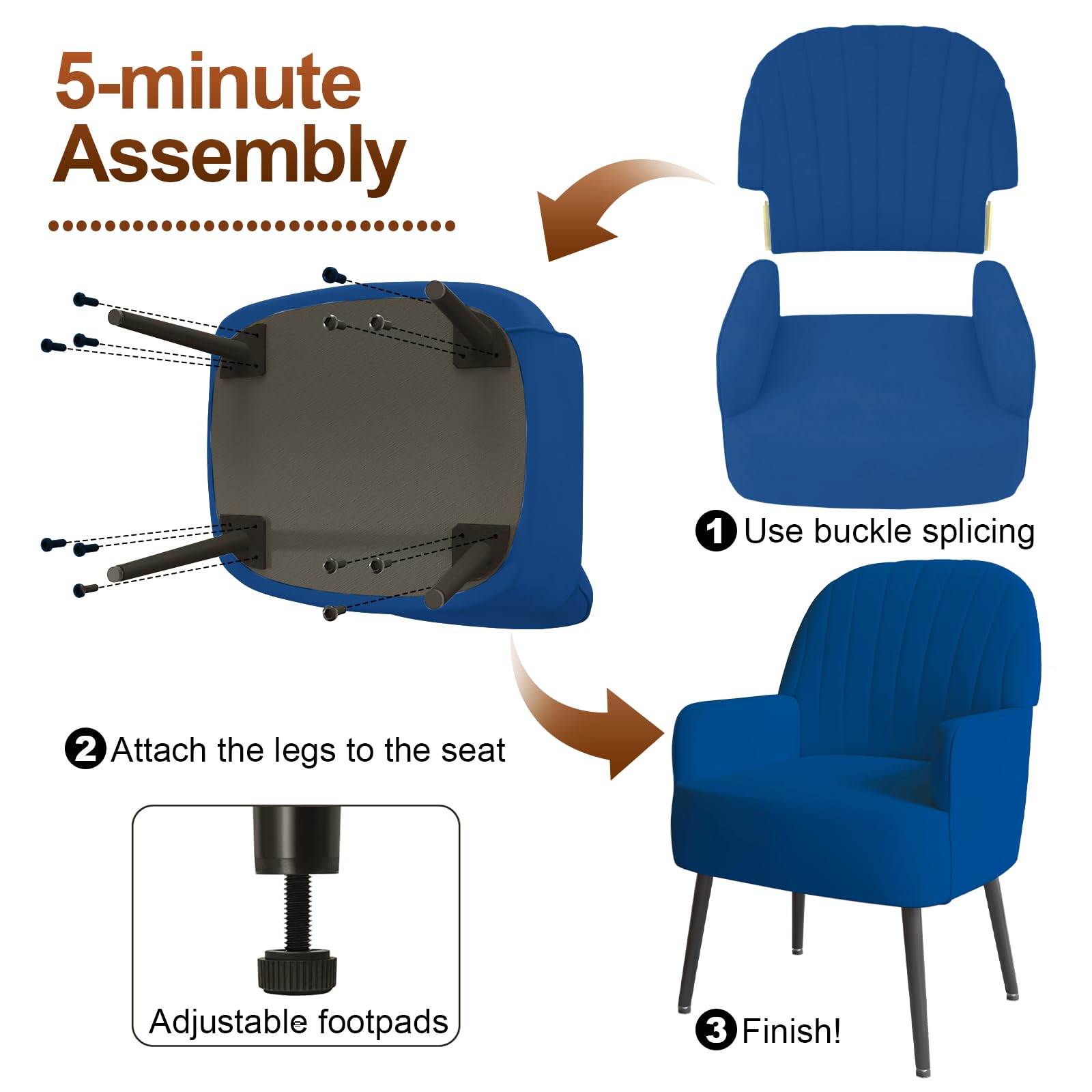Luxury Modern Velvet Accent Chair - Comfy Upholstered Single Sofa with Armrests & High Back Support - Elegant Barrel Armchair with Sturdy Metal Legs for Living Room, Bedroom, Office & Vanity (Blue) - Perfect for Relaxing, Reading & Home Decor