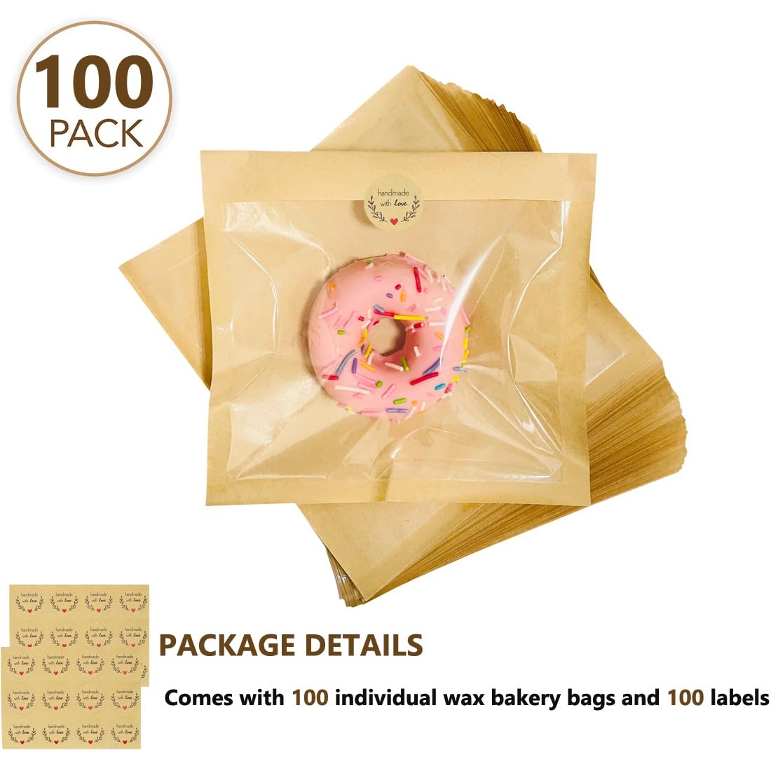 100 Pack 7.1x7.5 Inch Bakery Bags with Window - Grease Resistant & Heat-Sealable Kraft Paper Food Bags for Cookies, Donuts, Sandwiches | Perfect for Bakeries, Cafes & Home Baking