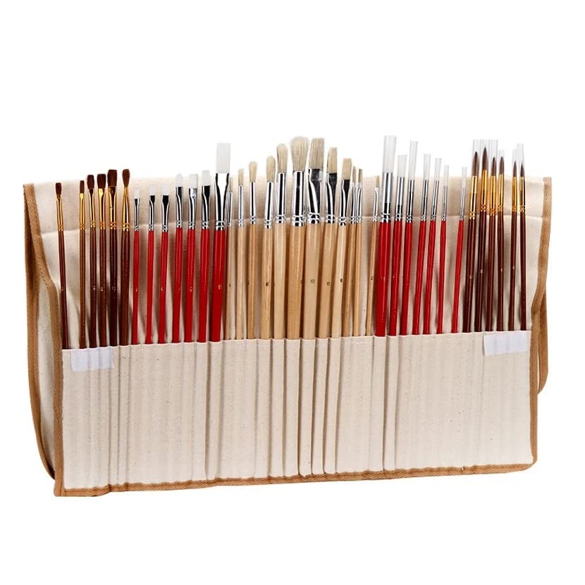 Premium 38-Piece Watercolor Brush Set with Long Wooden Handle & Canvas Bag - Synthetic Bristles for Artists (Color A) - Perfect for Watercolor Painting, Acrylics, and Art Classes