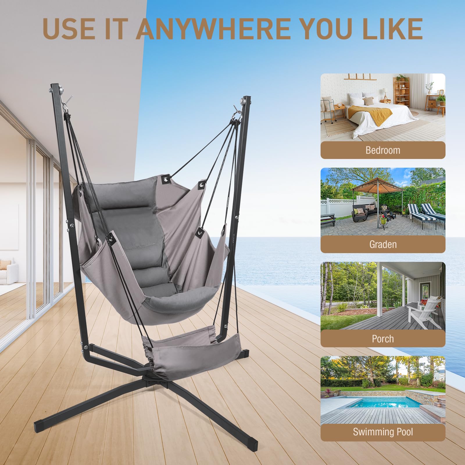 360° Swivel Hammock Swing Chair with Stand - Heavy Duty 400 lbs Capacity Hanging Chair with Cushions for Indoor & Outdoor Use - Perfect for Bedroom, Patio, Garden, Balcony Relaxation & Reading Nook
