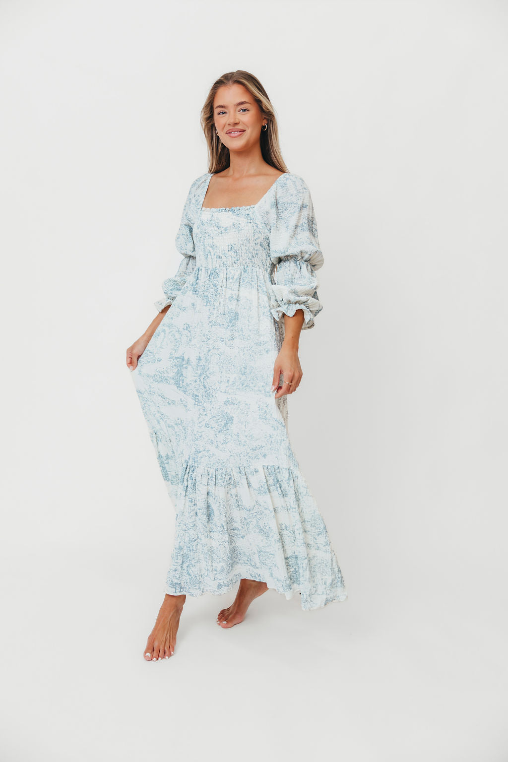 Emerson 100% Cotton Smocked Maxi Dress with Long Sleeves - Blue Toile Floral Print Maternity Bump Friendly | Perfect for Pregnancy, Nursing, Baby Showers & Special Occasions