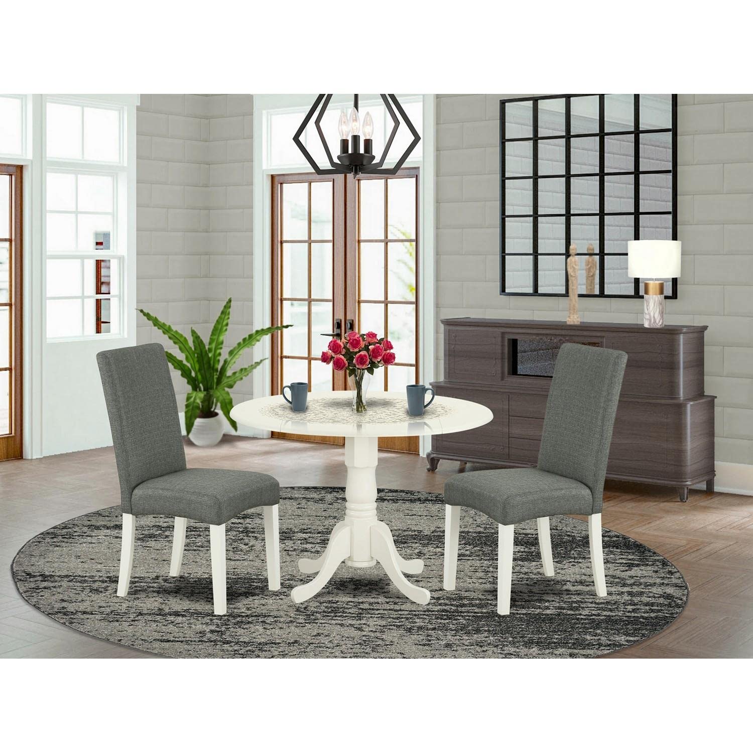 East West Furniture DLDR3-LWH-07 3-Piece Round Kitchen Dining Set with Drop Leaf Table & 2 Gray Linen Parsons Chairs, 42x42 Inches, Linen White - Perfect for Small Spaces, Breakfast Nooks & Cozy Apartments