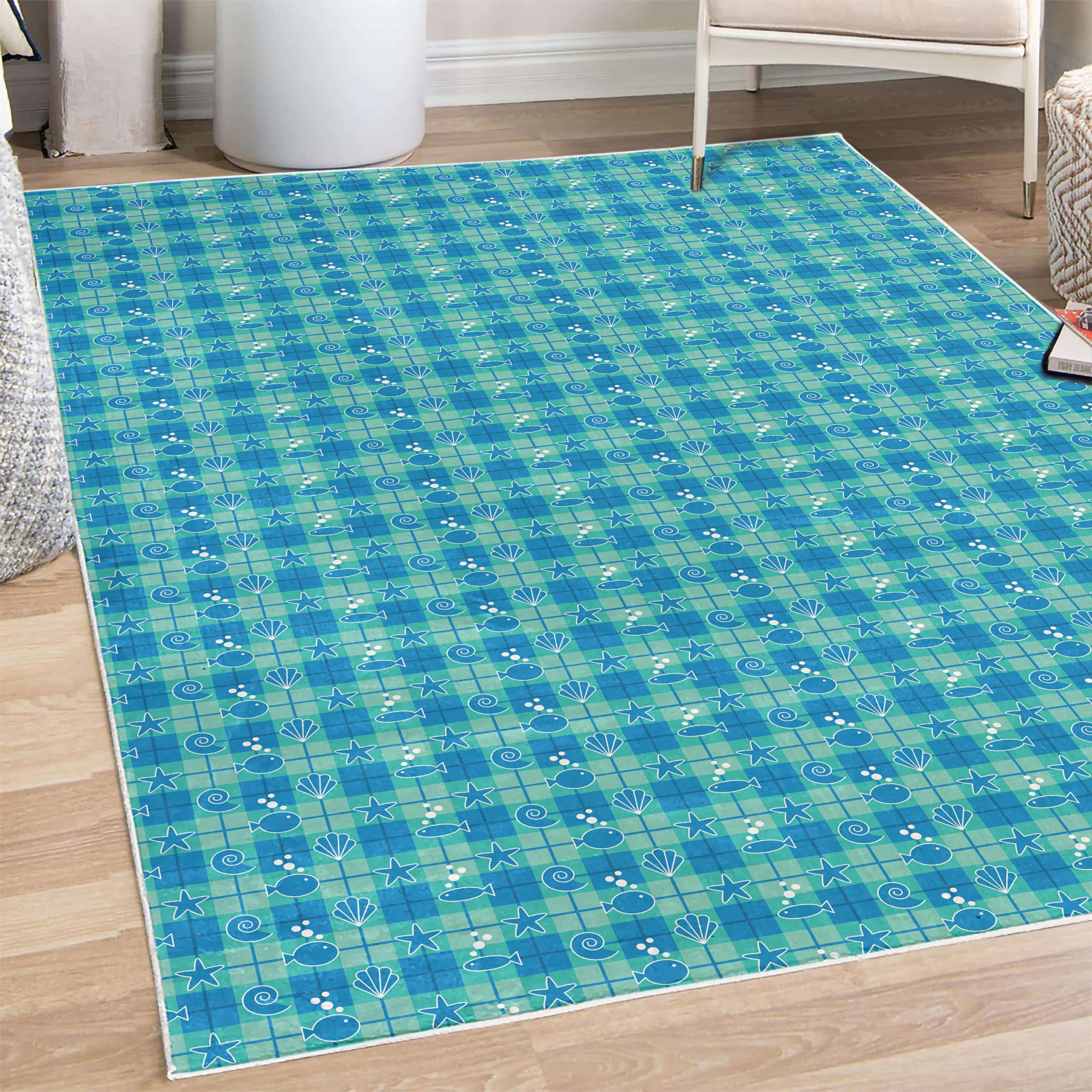 Ambesonne Sea Shells Plaid Pattern Area Rug - Cartoon Marine Silhouettes with Fish, Starfish & Bubbles - Soft Non-Slip Decorative Carpet for Bedroom, Living Room, Dorm - 4' x 5' 5
