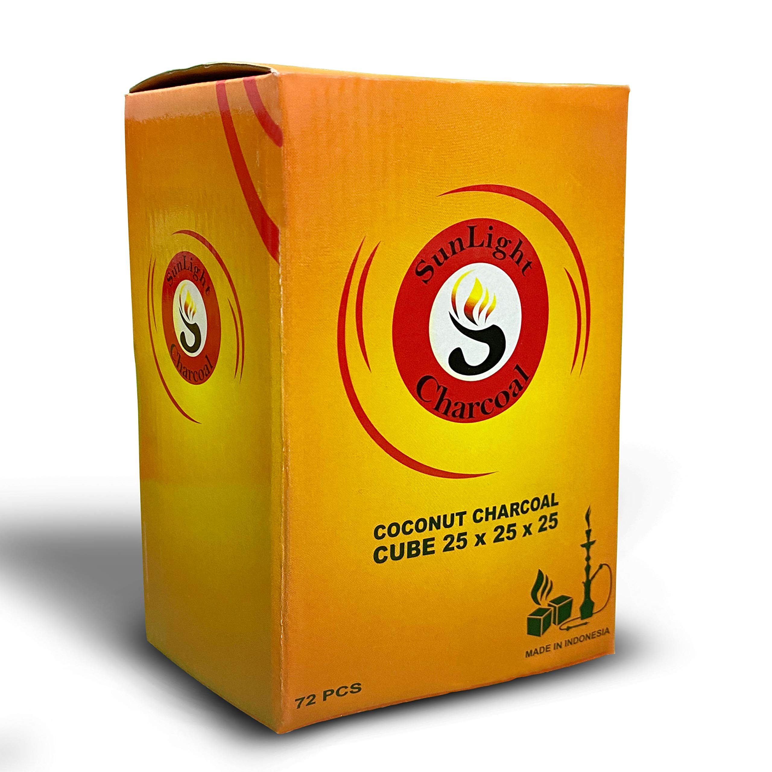 Premium Sunlight® Coconut Hookah Charcoal Cubes - 72 Count Natural Shisha Charcoal Tablets (2.5cm) - Odorless, No Bad Taste, Vacuum Sealed with Anti-Humidity Pouch - Perfect for Home Hookah Sessions, Parties & Relaxing Evenings