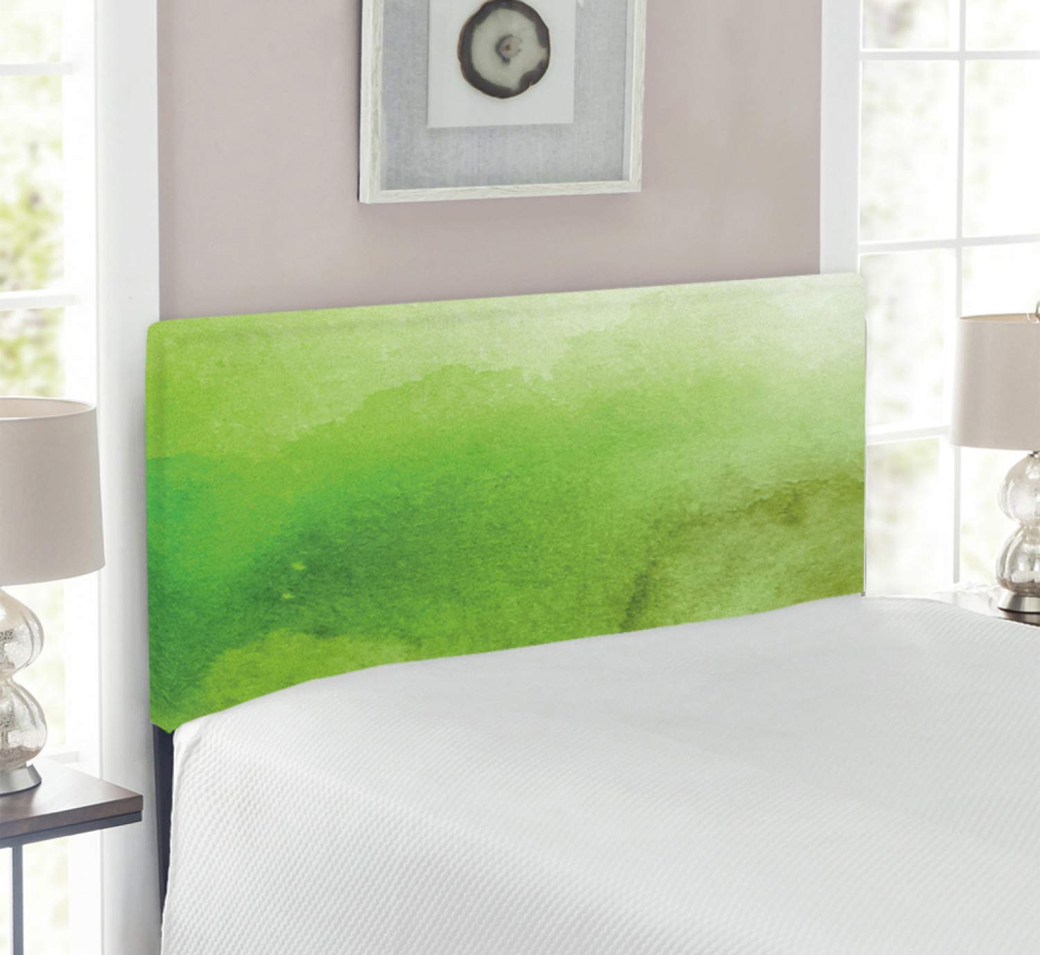Ambesonne Sage Headboard - Abstract Green Watercolor Upholstered Metal Bed Frame with Memory Foam, Twin Size in Apple & Fern Green | Perfect for Bohemian & Modern Bedroom Decor