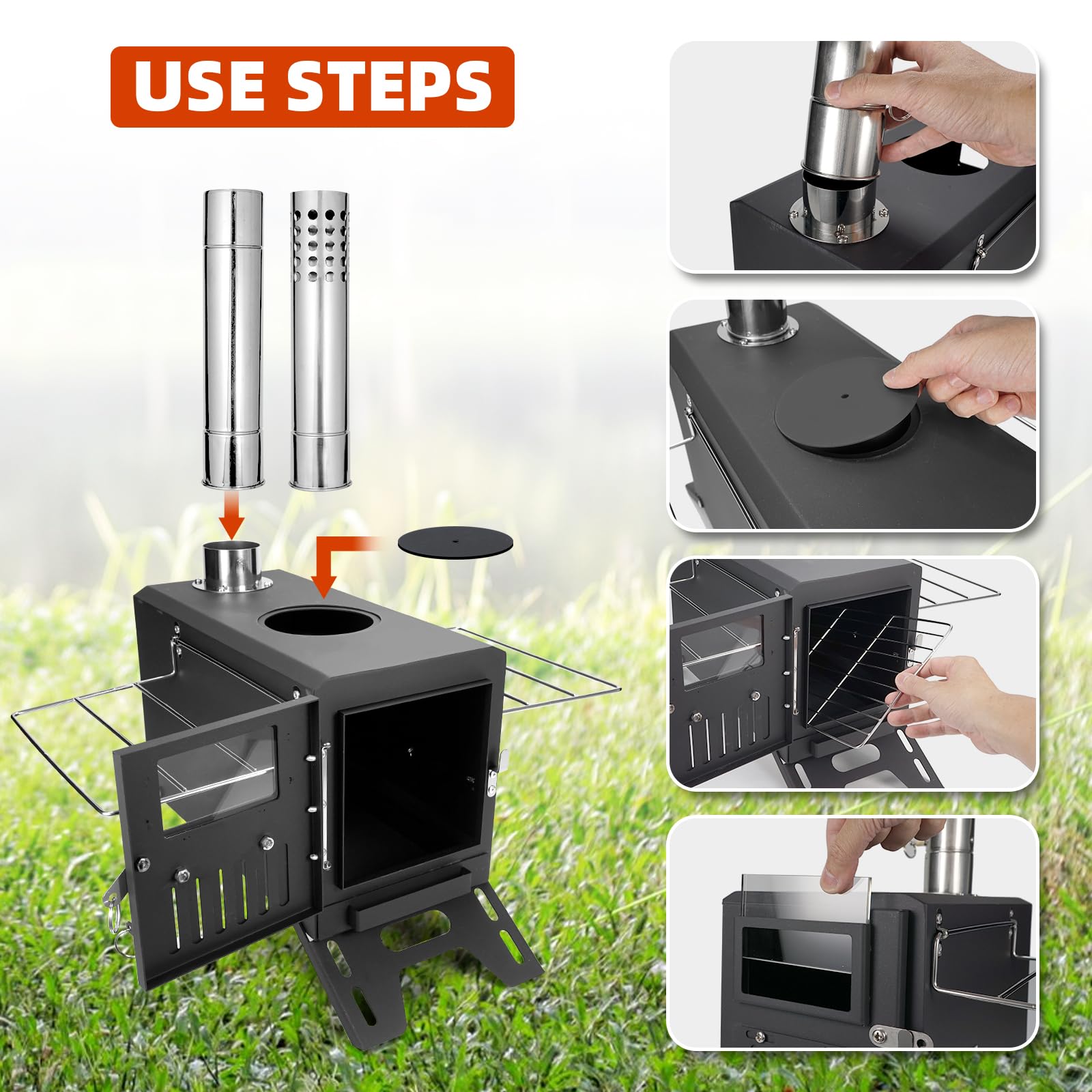 Portable Wood Burning Camping Tent Stove - Lightweight Stainless Steel Stove for Outdoor Adventures, Hiking, Hunting & Ice Fishing with Chimney Pipe - Perfect for Camping Trips, Backpacking & Winter Survival Gear