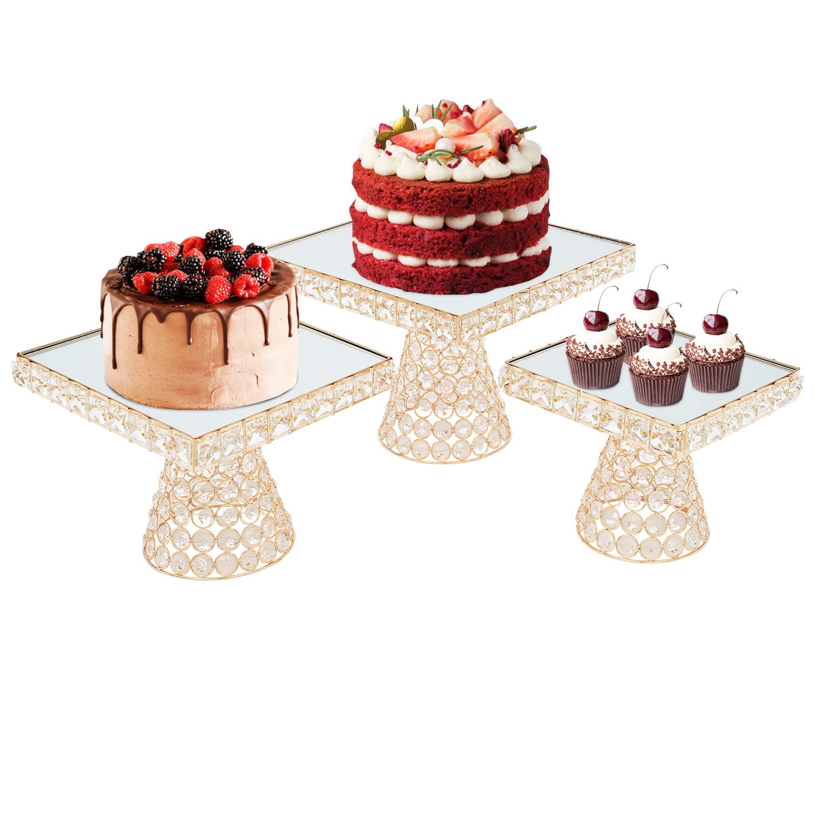 3-Piece Gold Cake Stand Set with Mirror Finish & Crystals - Elegant Cupcake Holders for Dessert Display - Perfect for Birthday, Wedding & Party Decorations (Ideal for Candy Buffets, Tea Parties & Special Events)
