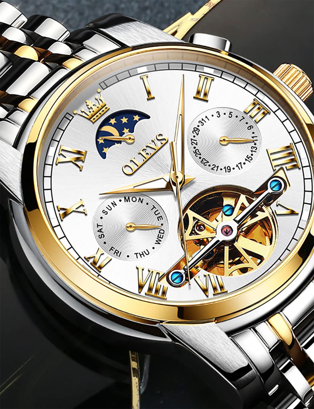 OLEVS Automatic Self-Winding Men's Watch with Date & Day Calendar, Stainless Steel Skeleton Tourbillon Watch - No Battery, Waterproof (30M) - Perfect for Business, Casual & Formal Occasions