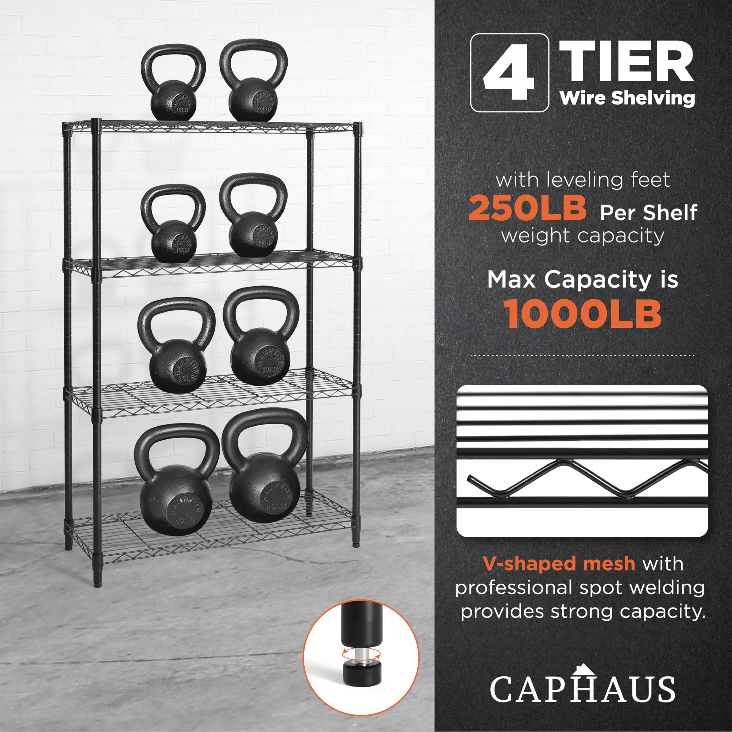 CAPHAUS 4-Tier Adjustable Height Wire Shelving Unit - Heavy Duty Metal Steel Storage Rack for Garage, Kitchen, Pantry & Closet Organization - Black Utility Shelf Without Wheels