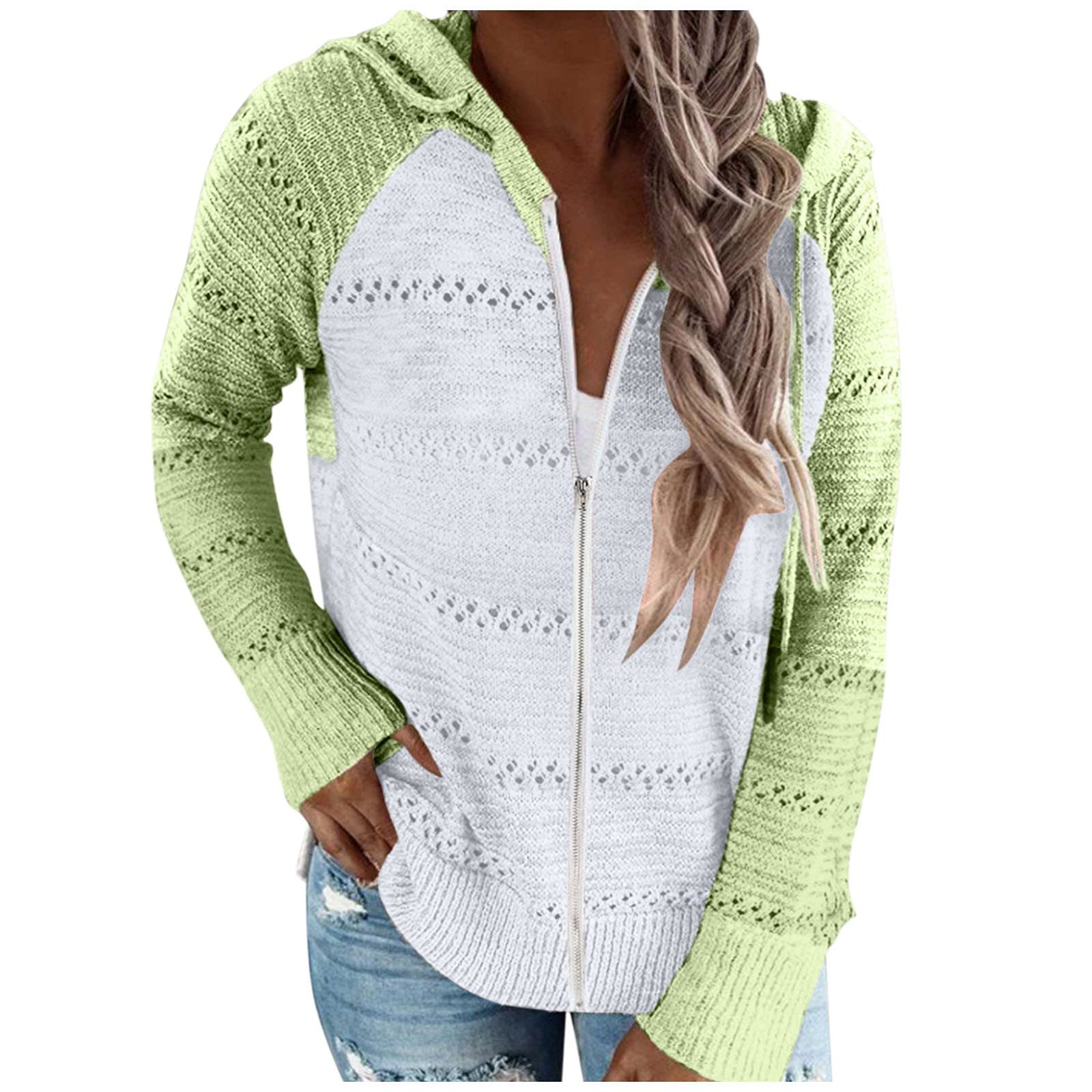 Women's Patchwork Knit Hooded Cardigan - Long Sleeve Open Front Sweater for Fall & Winter | Cozy Layering for Office, Travel and Casual Outfits