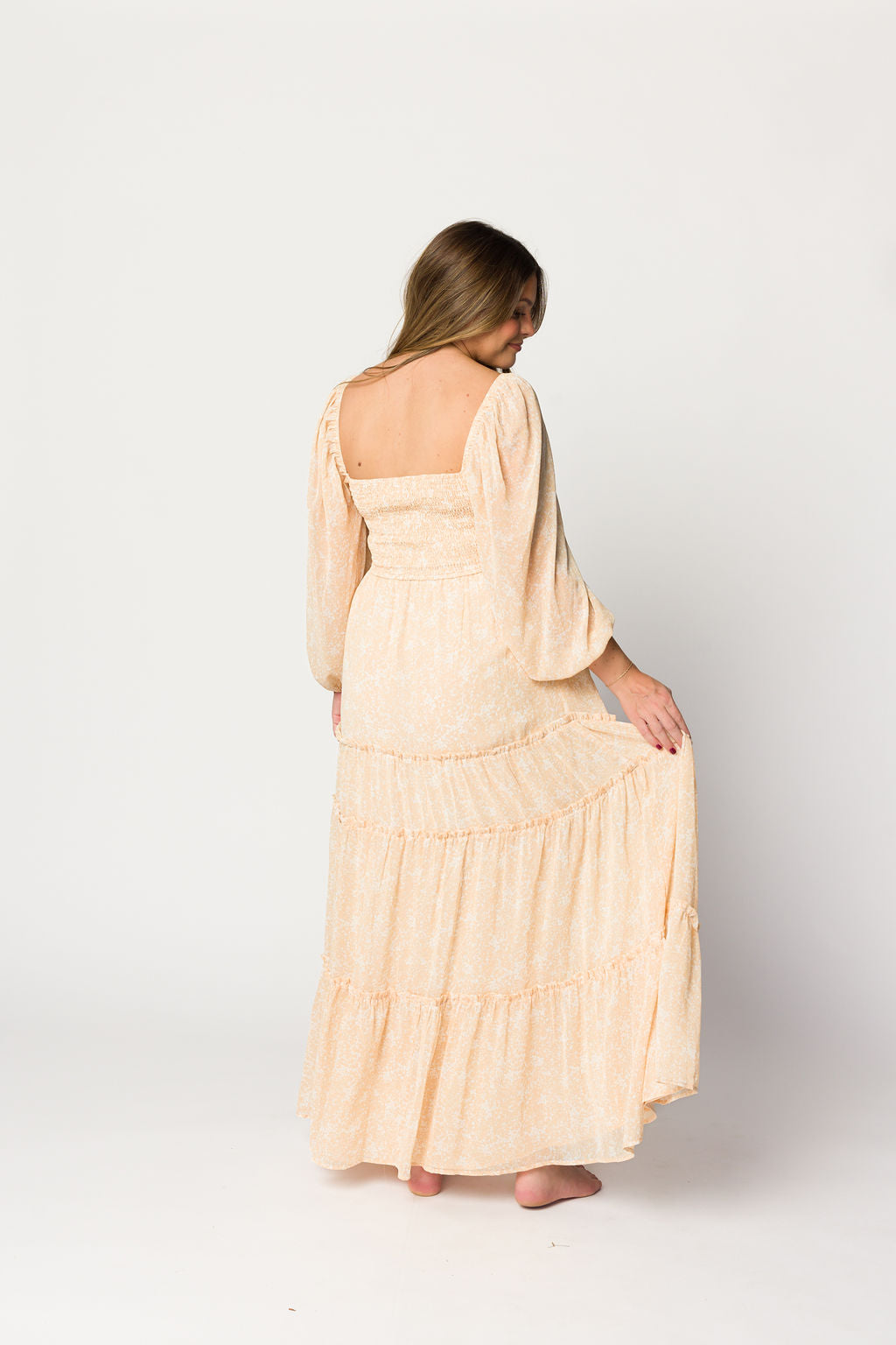 Daphne Long Sleeve Maxi Dress - Light Beige/White Floral Print | Bump Friendly Maternity & Inclusive Sizing (XS-3XL) | Perfect for Pregnancy, Weddings & Special Occasions