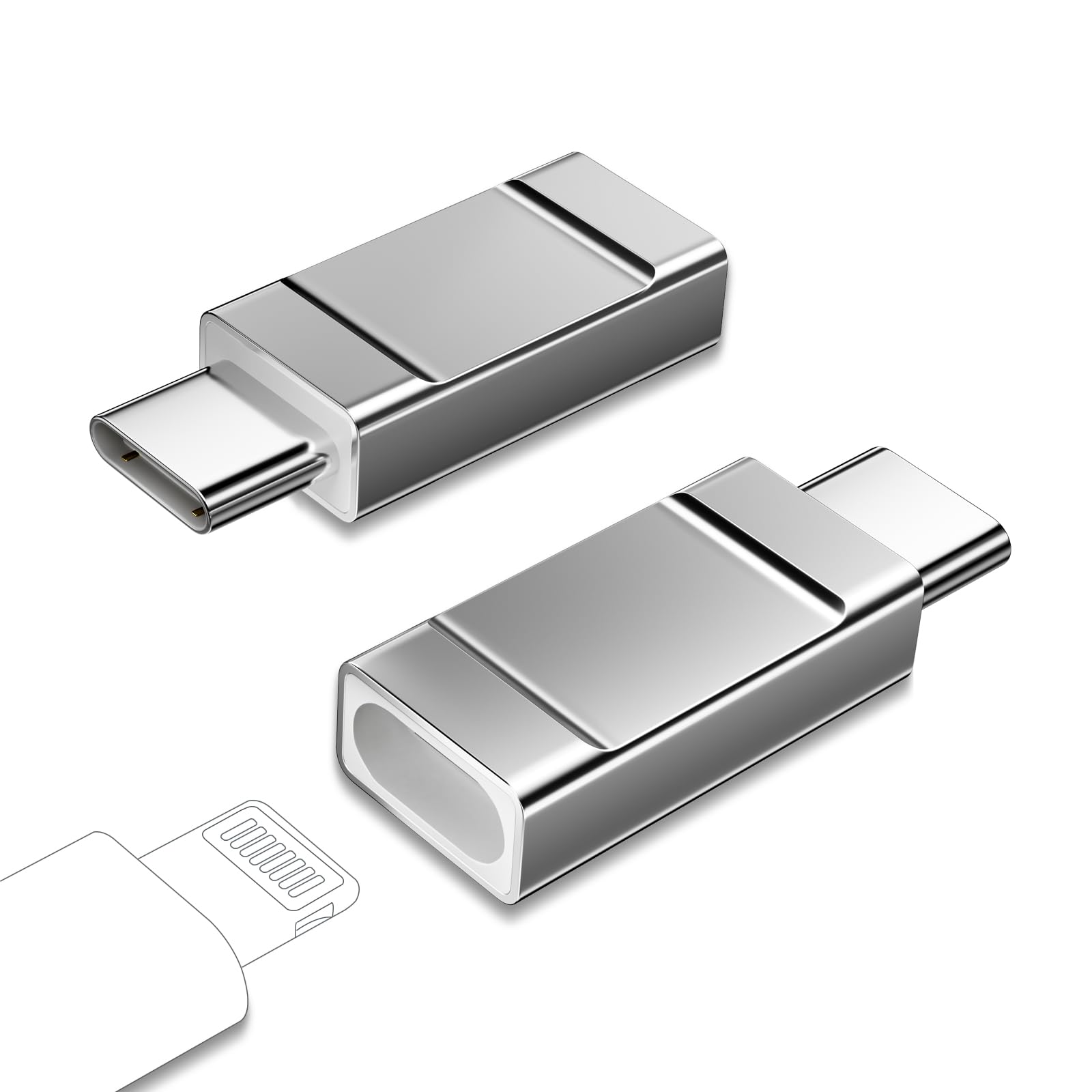 2-Pack Lightning to USB-C Adapter - Female to Male Connector for iPhone 15/15 Pro & Samsung S24/S23 - Fast Charging & Data Transfer - Compatible with Car, Home & Office Use (Silver)
