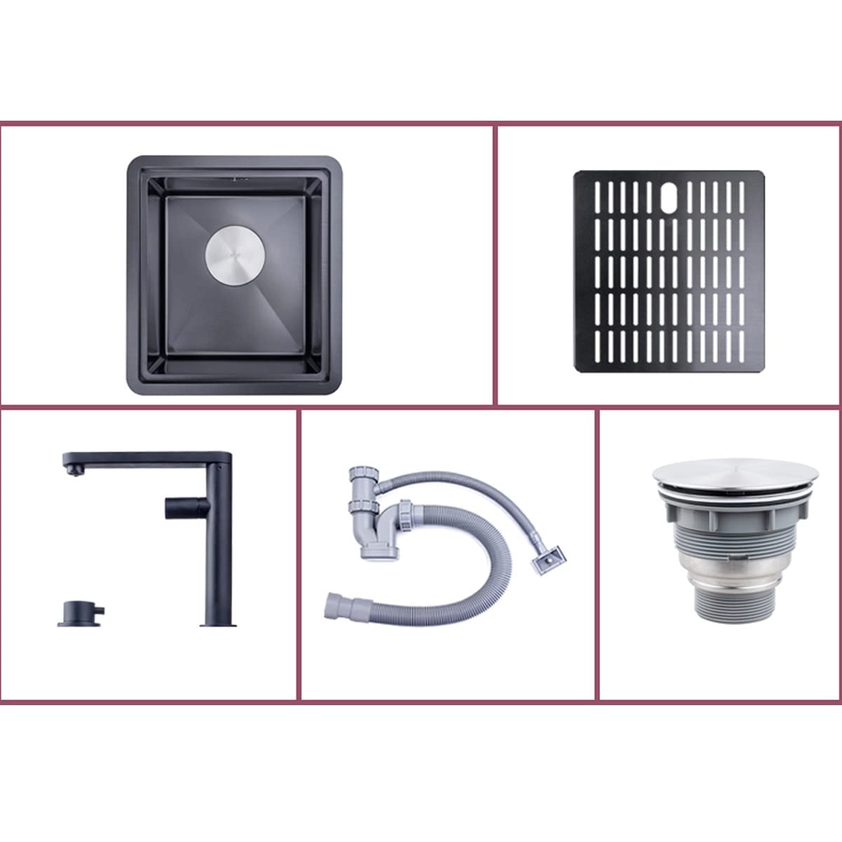 Premium 35x39cm Black 304 Stainless Steel Kitchen Sink with Drain Cover - Single Bowl Bar Counter Sink for Tea Bars, Small Kitchens & Open Concept Spaces (Includes Faucet) - Durable & Stylish for Modern Homes