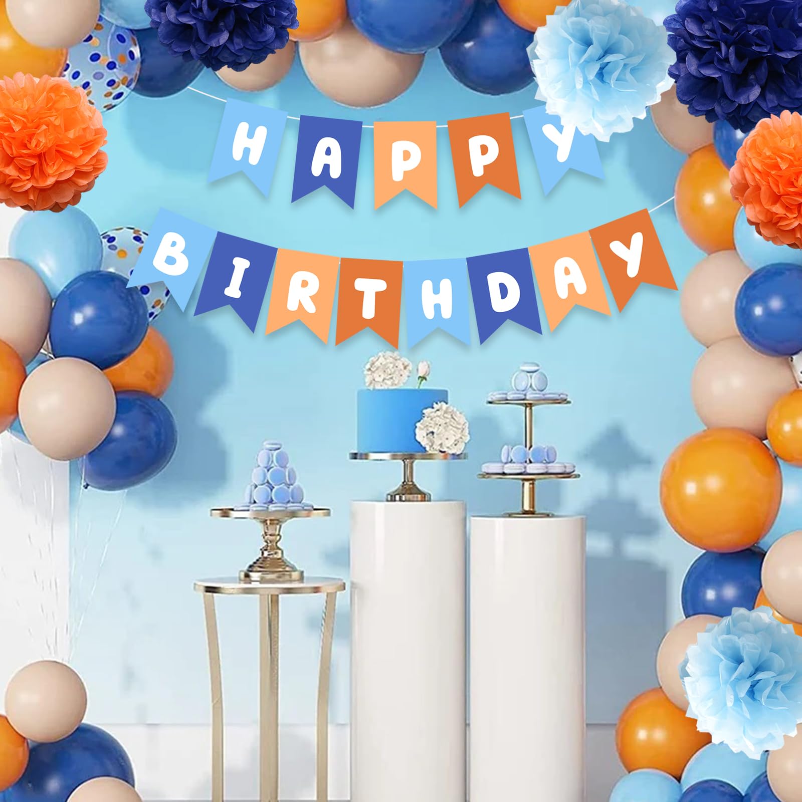 Boys Birthday Party Decorations - Light Blue, Navy, Brown, Tan & Orange Boho Balloon Garland, Pom Poms & Backdrop for Kids Birthday Celebrations | Perfect for Boho-Themed Parties, Baby Showers & Photo Backdrops