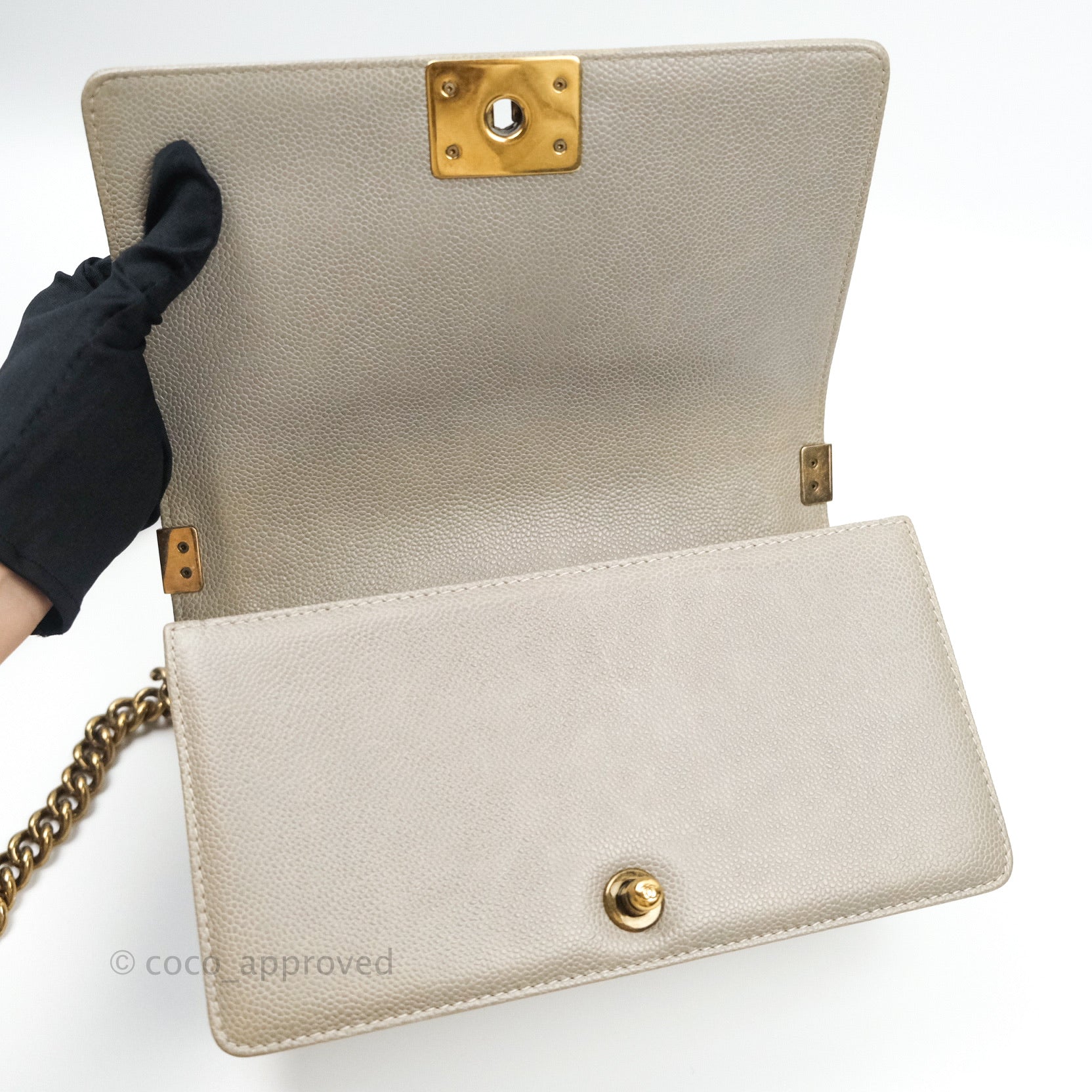 Chanel Boy Quilted Medium Handbag in Taupe Grey Caviar Leather with Gold Hardware - Perfect for Work, Evening Events & Luxury Fashion Accessories
