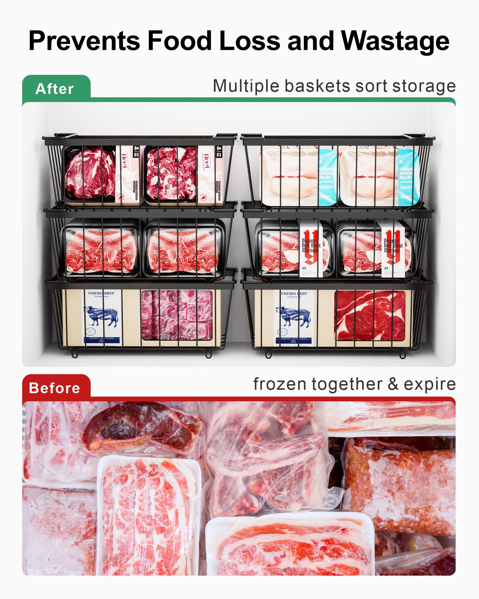 iSPECLE Freezer Organizer Bins - 8 Pack Small Stackable Deep Freezer Bins for 7 Cu.Ft Freezers | Easy Access to Bottom Foods | Prevent Frozen Food Waste | Perfect for Chest Freezers & Kitchen Organization (Black) | Ideal for Meal Prep & Bulk Food Storage