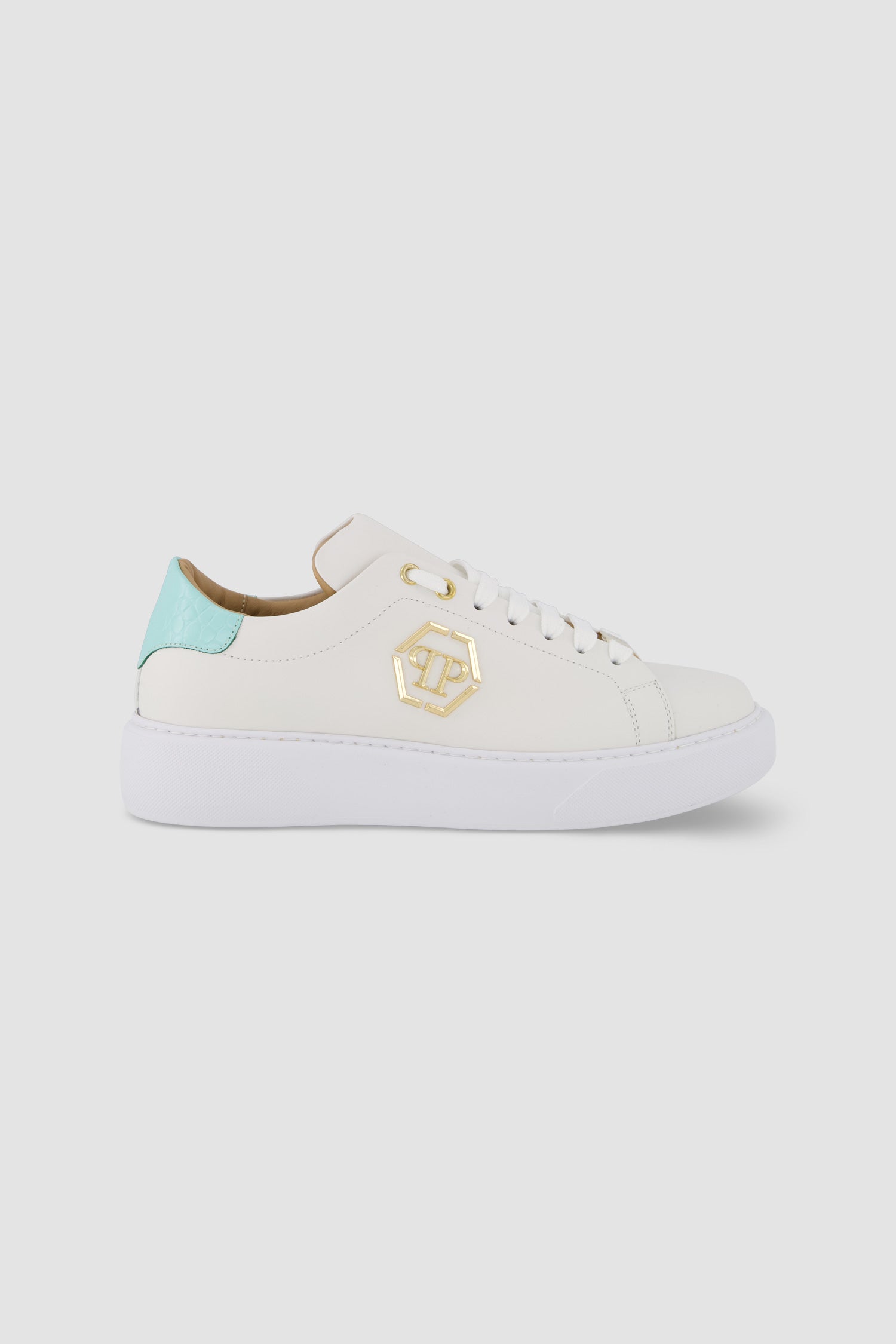 Philipp Plein White and Blue Hexagon Lo Top Sneakers for Men - Stylish Casual Shoes for Streetwear and Everyday Fashion