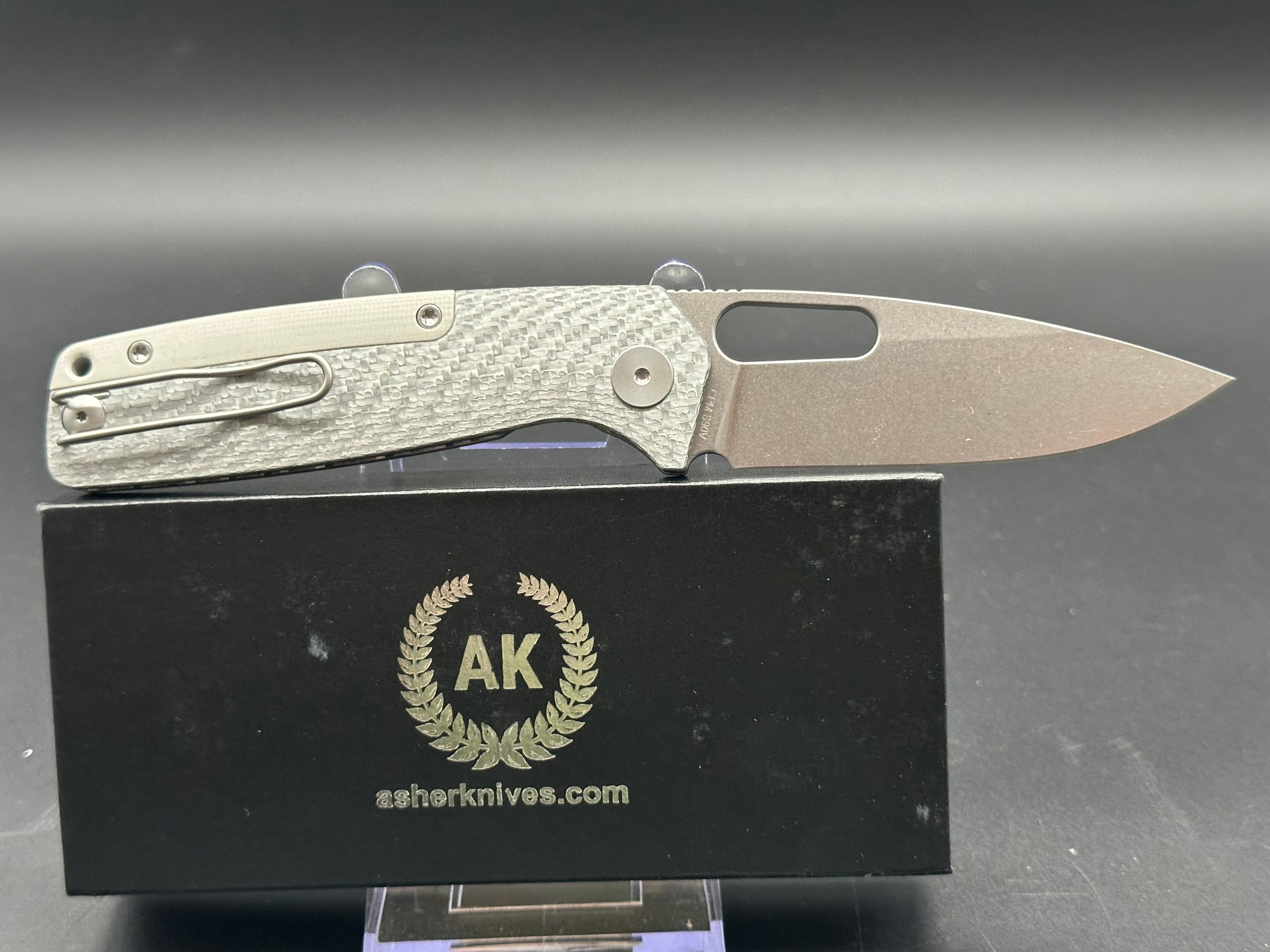 Premium Asher Spiro S90V Stonewash Blade Folding Knife with Silver Twill Carbon Fiber Handle - EDC, Outdoor Camping, Hunting & Survival Gear