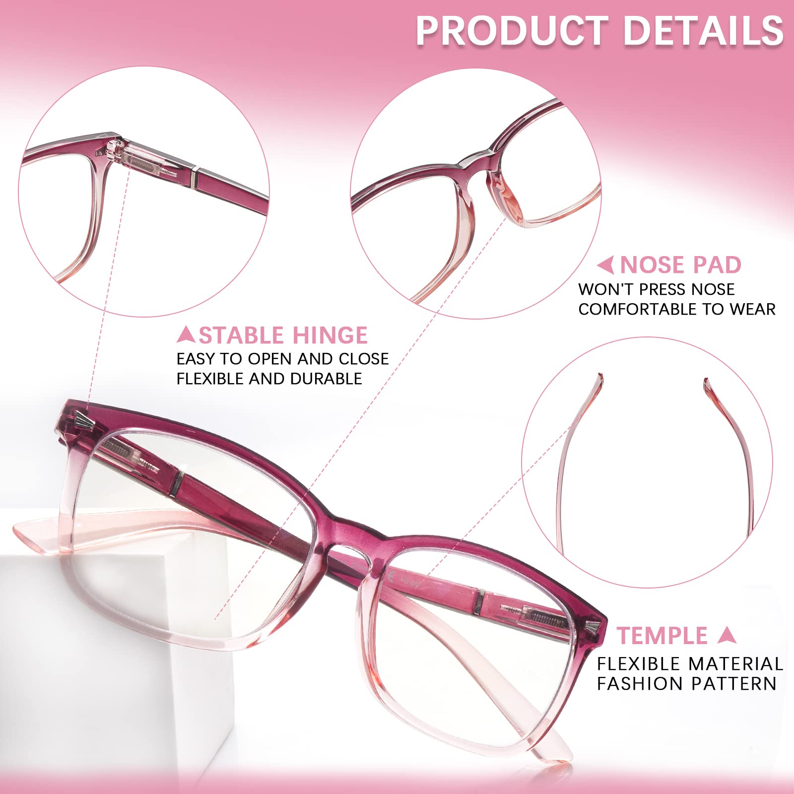 5 Pack Fashion Reading Glasses for Women - Square Frame Blue Light Blocking & UV Protection Readers with Spring Hinge - Perfect for Computer Work, Reading, and Office Use