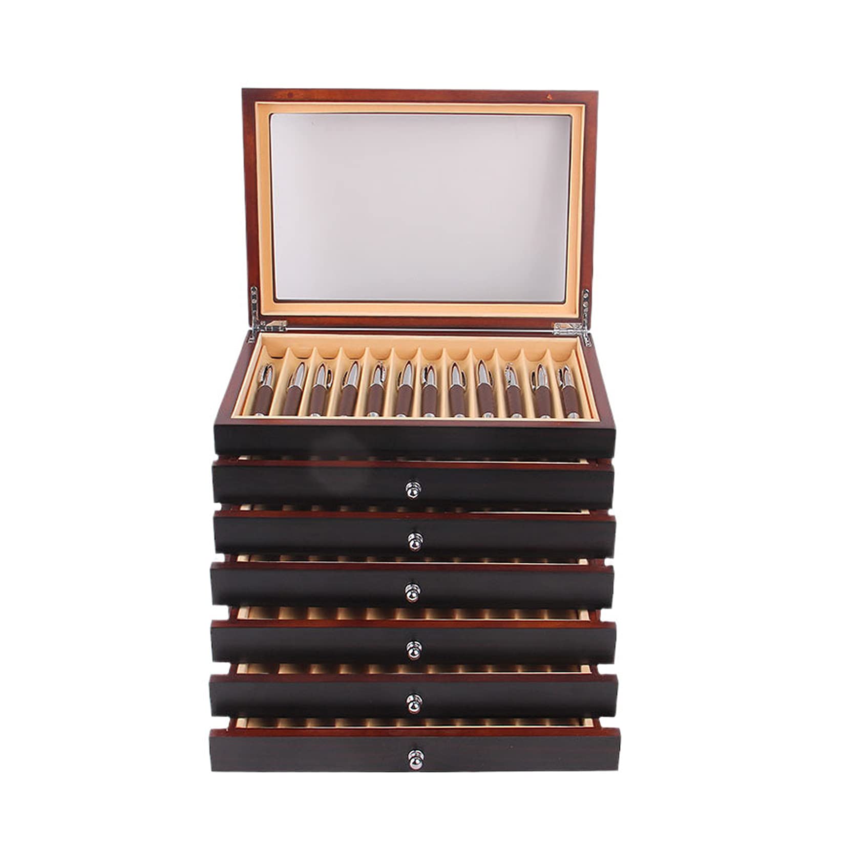 Premium 7-Layer 78-Slot Wooden Fountain Pen Display Case with Glass Window Lid - Luxury Pen Storage Organizer Box for Collectors, Calligraphy & Office Use