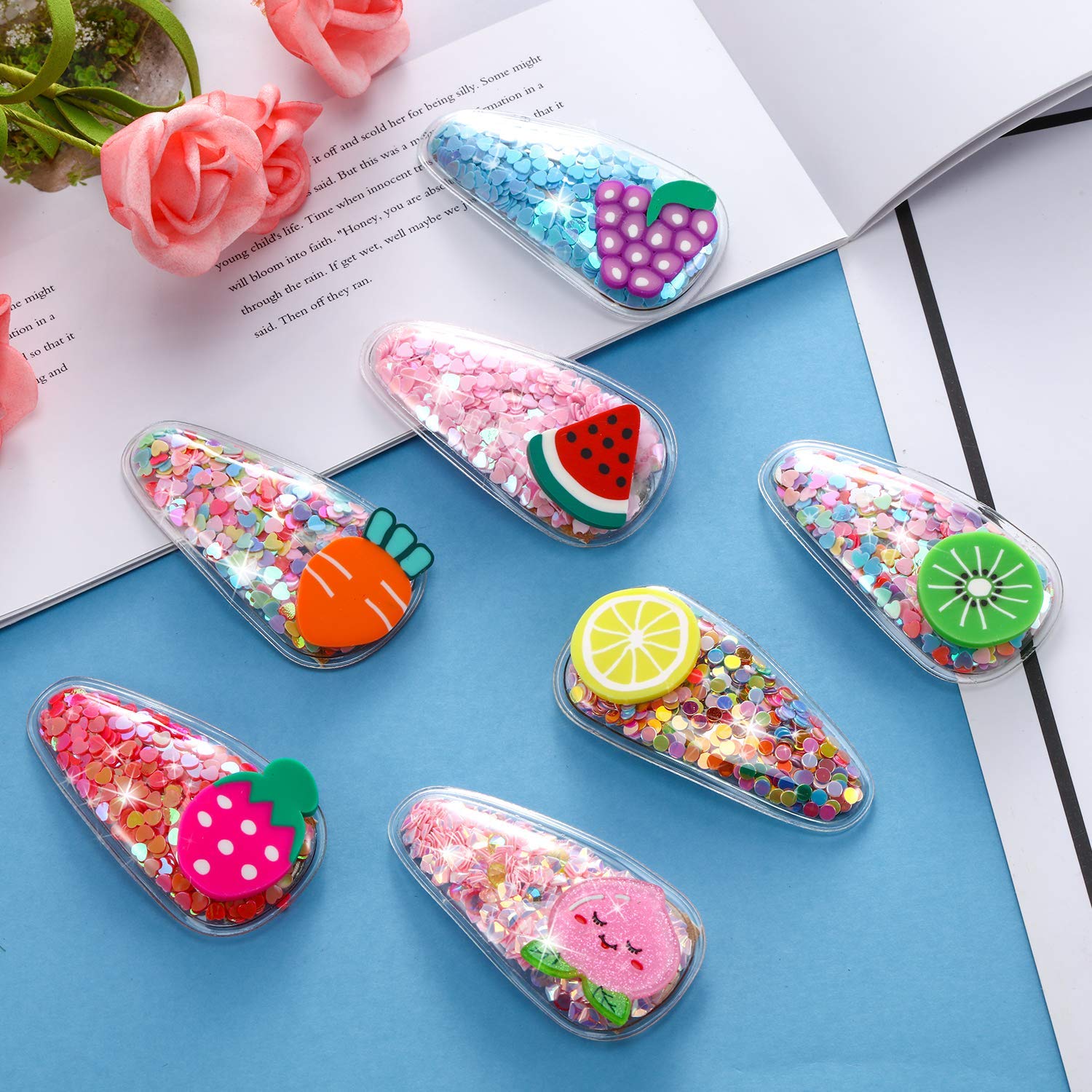 ScentRose Transparent Shiny Fruit Cartoon Hair Clips for Baby Girls, Toddlers, Kids & Teens - Elegant Glitter Hair Accessories (4-Piece Pack, Random Colors/Designs) - Perfect for School, Parties & Daily Styling