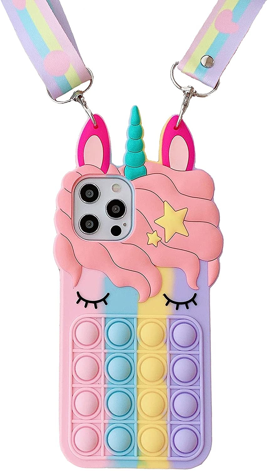 iPhone 13 Pro Max 6.7 Inch Unicorn Bubble Fidget Phone Case - Soft Silicone Protective Cover with Stress Relief Toy for Anxiety, Perfect Gift for Girls & Boys - Great for School, Office, and Travel Use