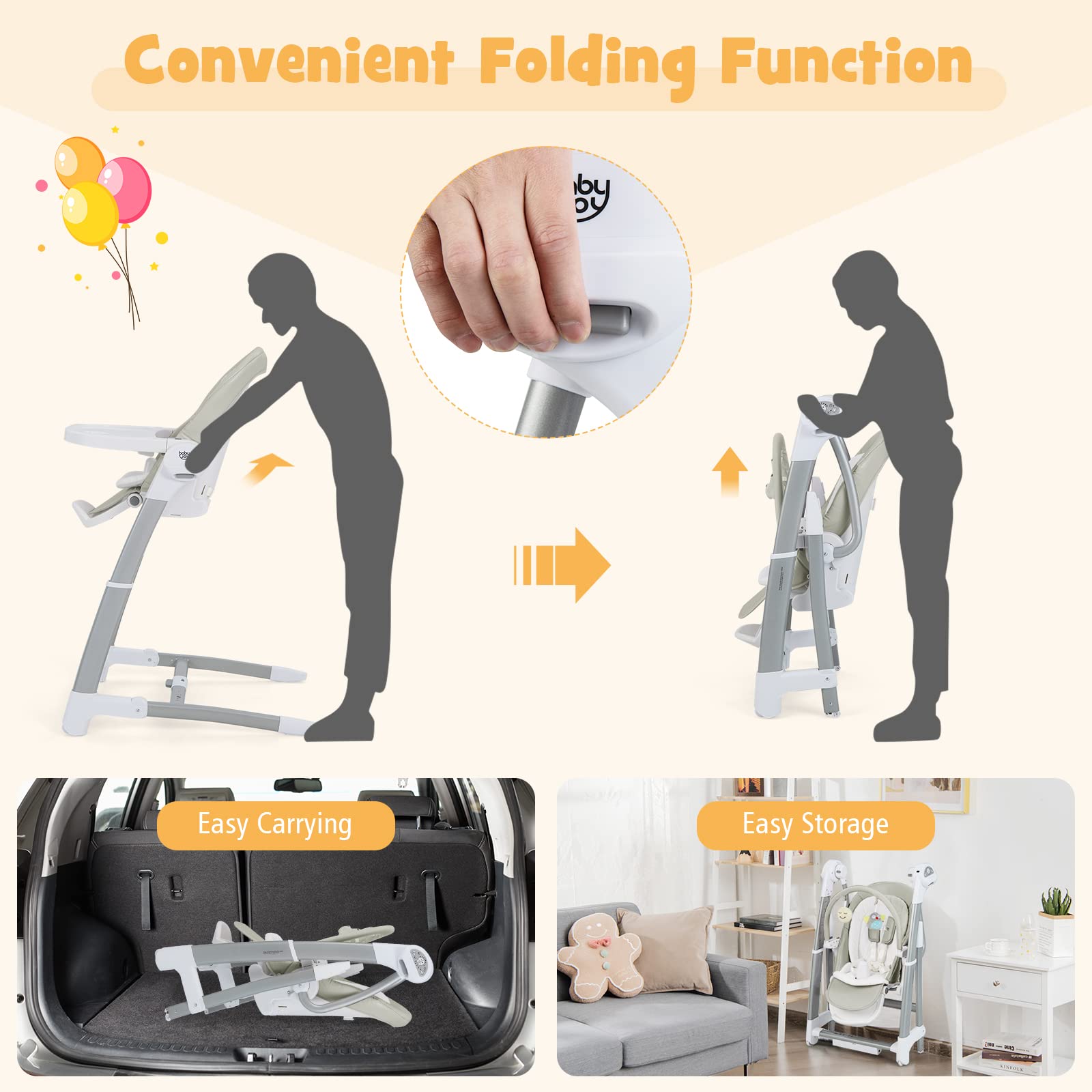 **HONEY JOY 3-in-1 Baby Swing & Convertible High Chair for Infants & Toddlers – Portable Infant Swing with Music, Wheels & Double Food Tray – Compact, Easy-Folding Booster Seat (Gray) – Perfect for Home, Travel & Daycare Use**