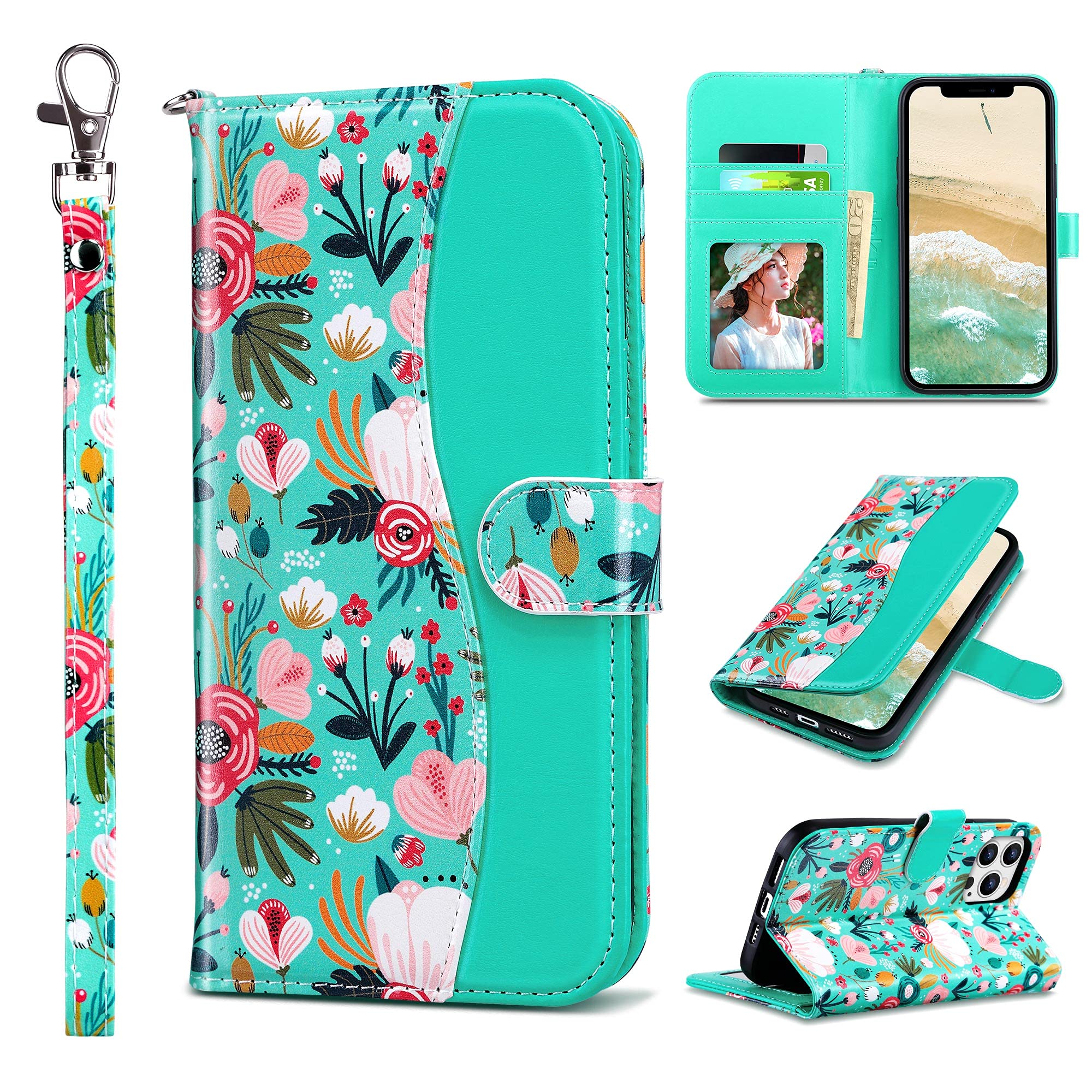 ULAK iPhone 13 Pro Max Wallet Case with Credit Card Holders - Flip PU Leather Kickstand Shockproof Protective Phone Cover for Women (6.7 inch, Mint Floral) - Perfect for Daily Use, Travel & Business Meetings