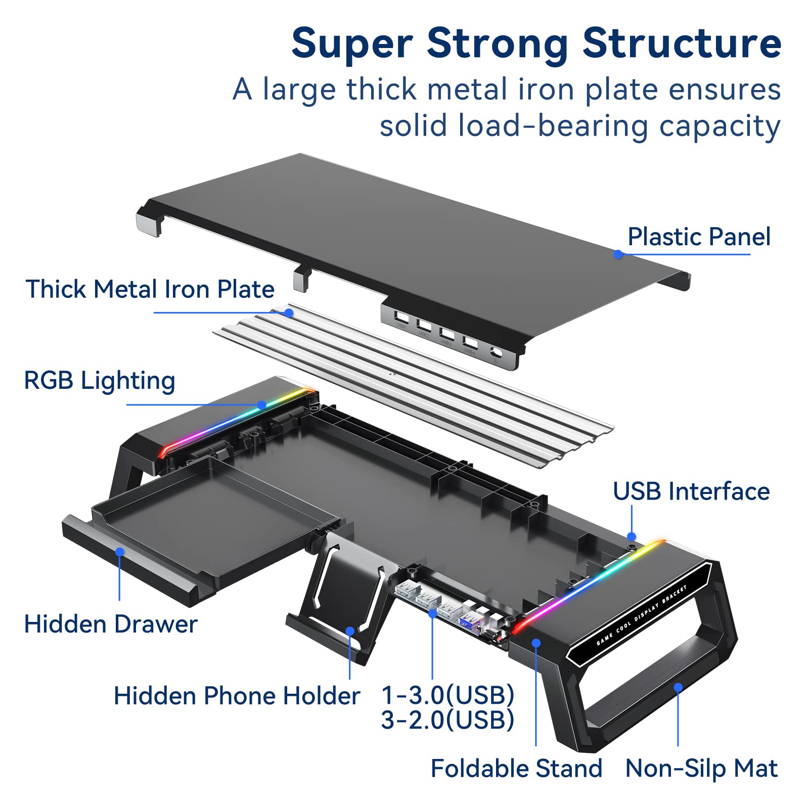 KYOLLY RGB Gaming Monitor Stand with Storage Drawer & Phone Holder - USB 3.0/2.0 Hub, Adjustable Height - Perfect for PC Gaming Setup & Home Office Workspace