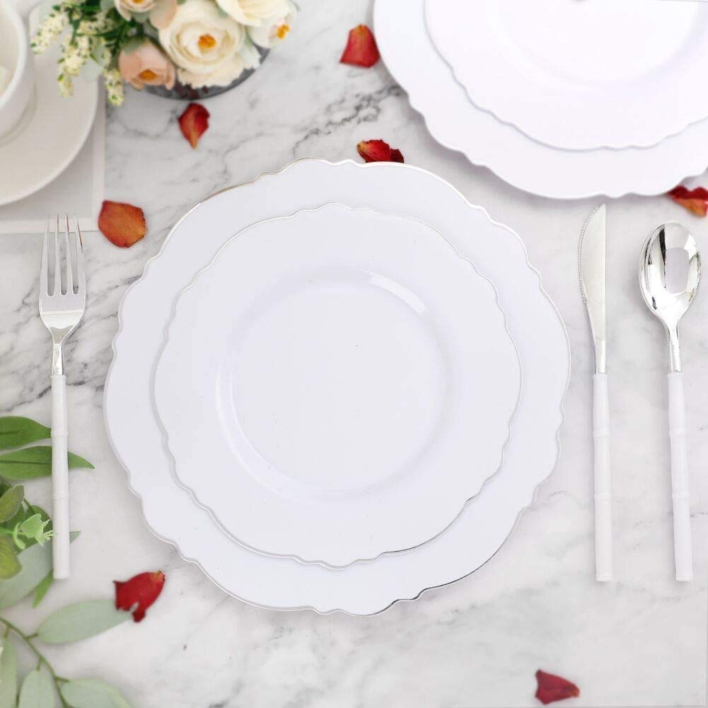 100-Piece Silver Plastic Plates Set - Elegant Baroque Design for Upscale Parties & Weddings - Includes 50 Dinner Plates (10.25